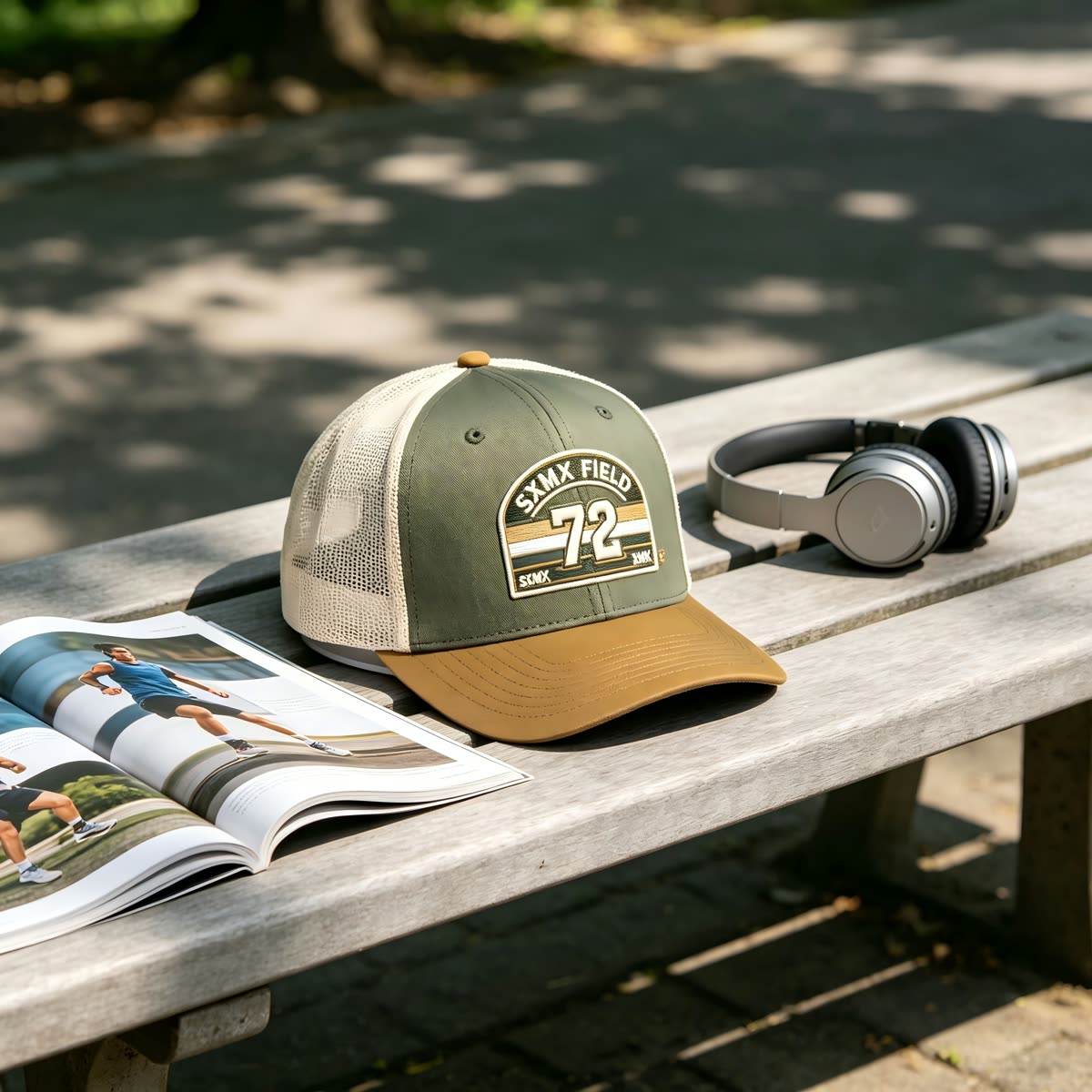 Custom Cream Striped Patch Trucker Cap with Sage Brim scene