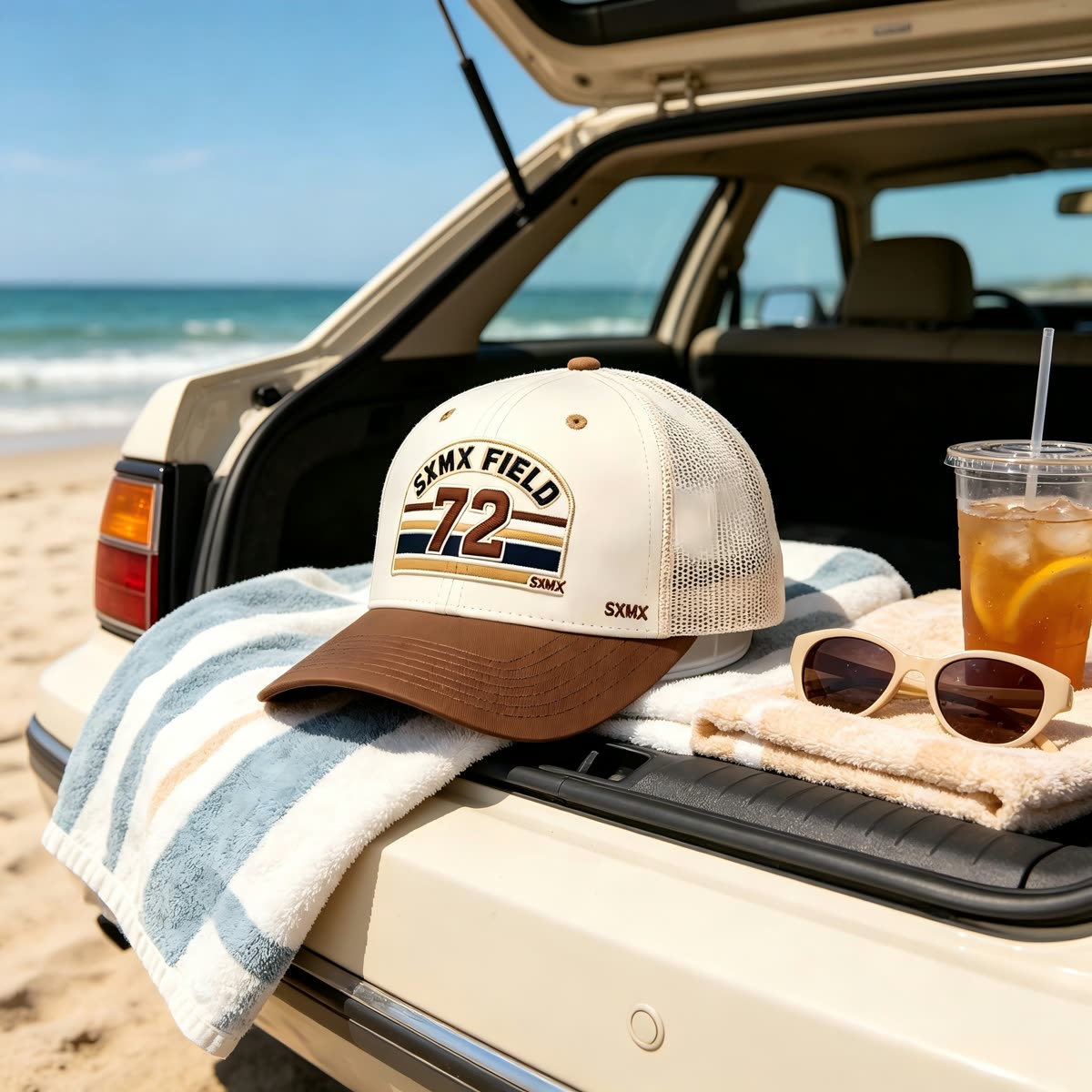 Custom Cream Striped Patch Trucker Cap with Sage Brim scene