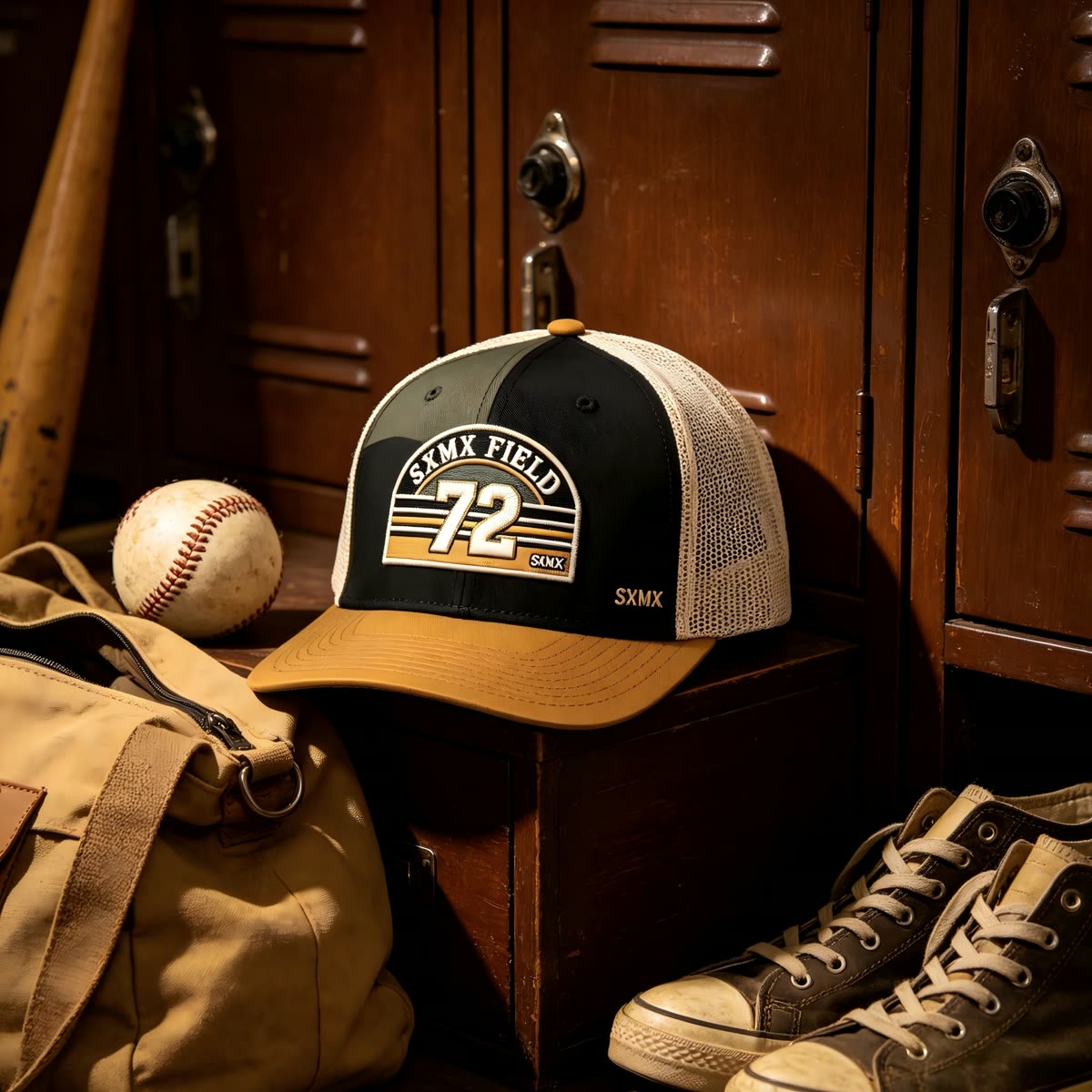 Custom Cream Striped Patch Trucker Cap with Sage Brim scene