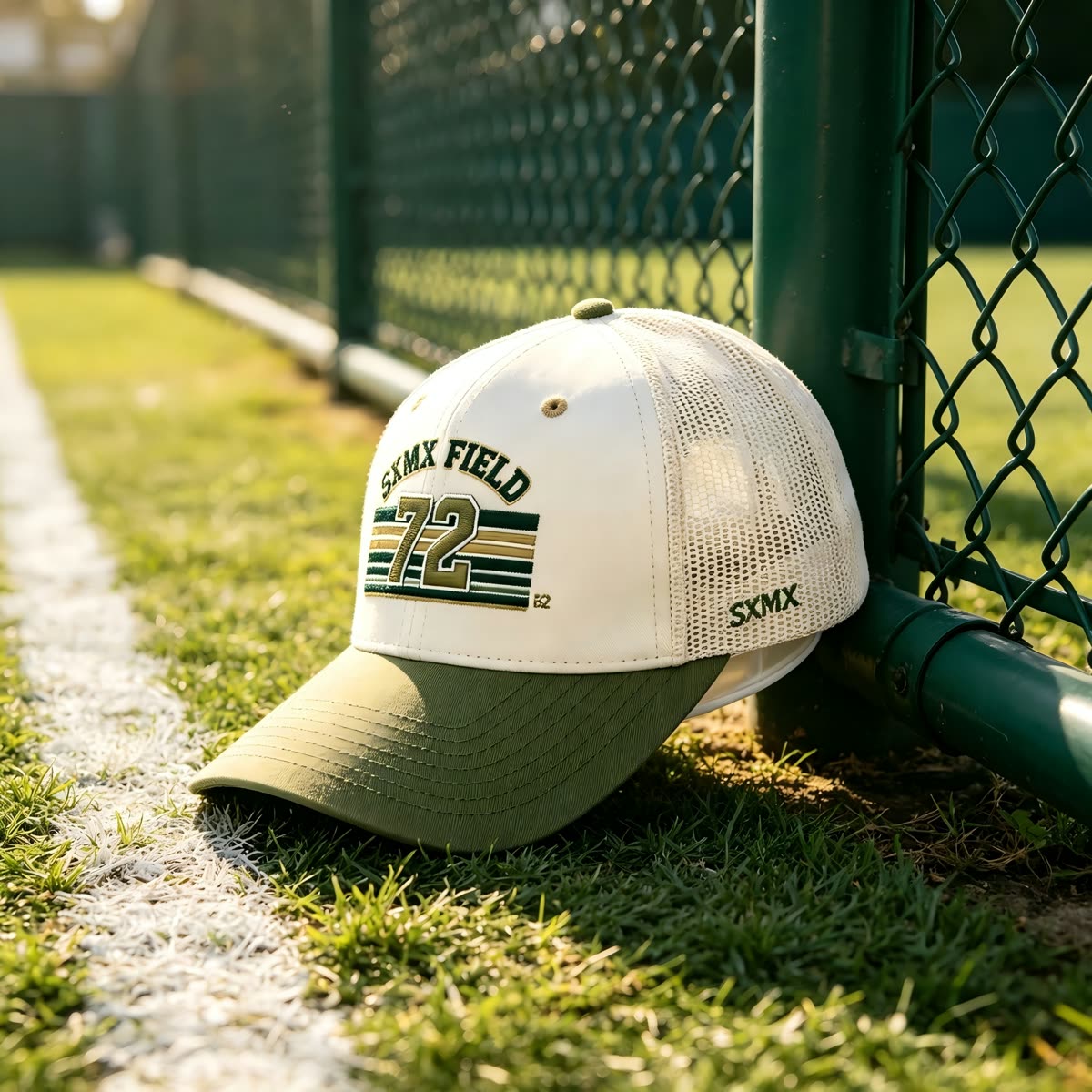 Custom Cream Striped Patch Trucker Cap with Sage Brim scene