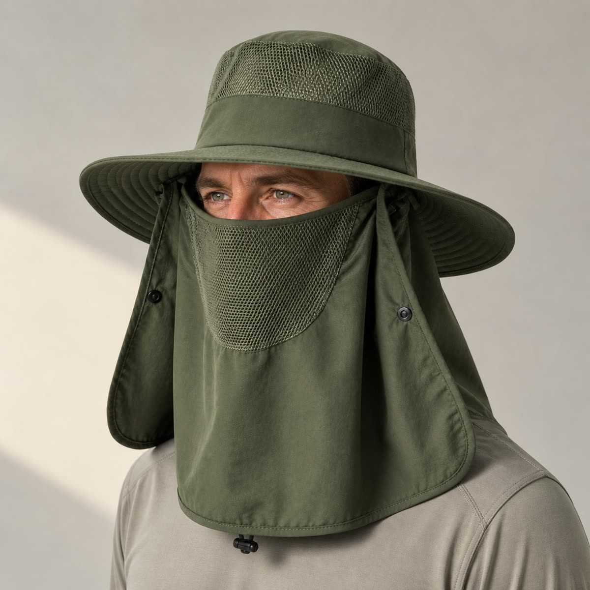 Custom Mesh Sun Bucket Hat with 6 Colorways on model