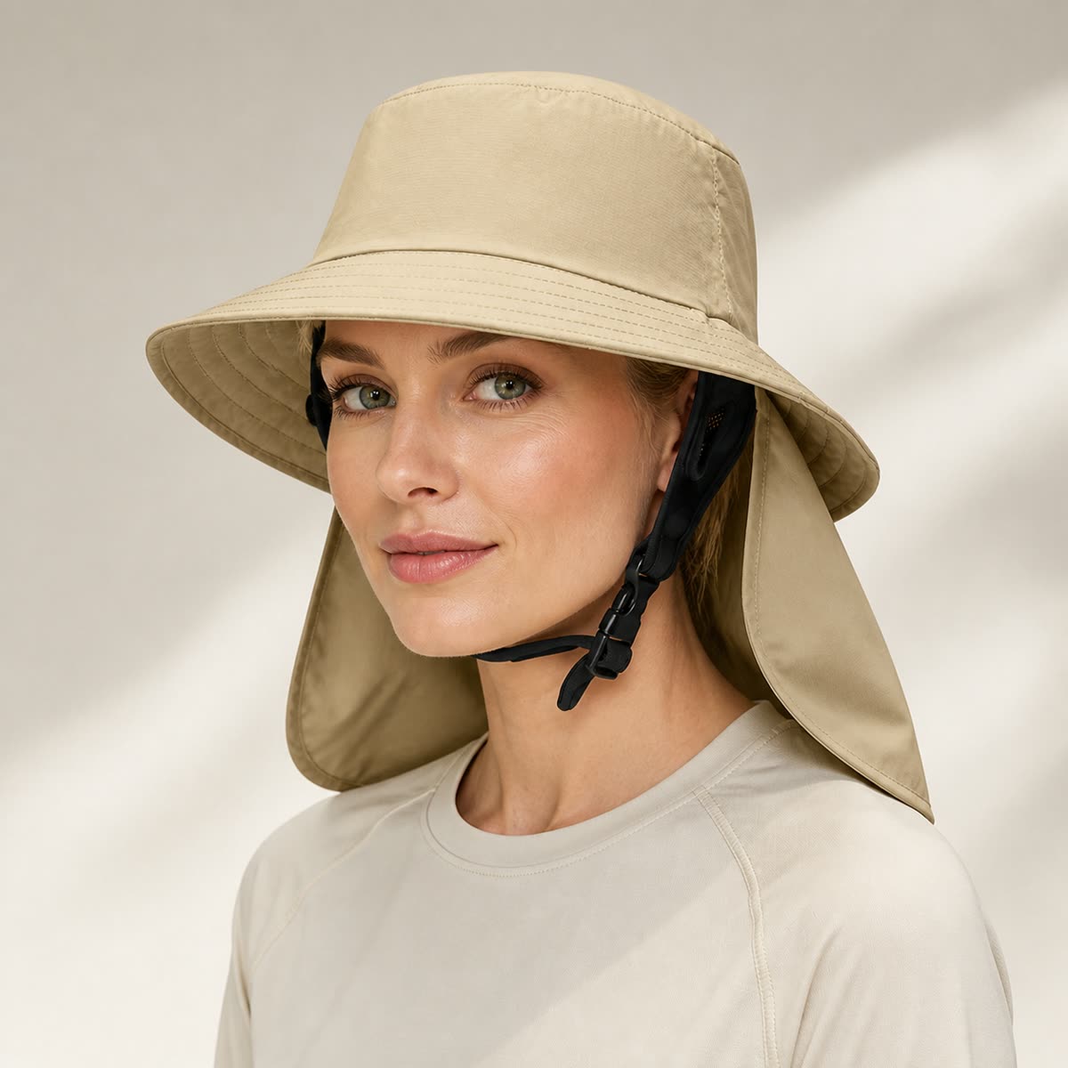 Custom Neck Flap Bucket Hat with 6 Colorways on model