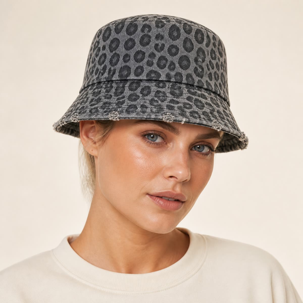 Custom Leopard Distressed Bucket Hat with 6 Colorways on model