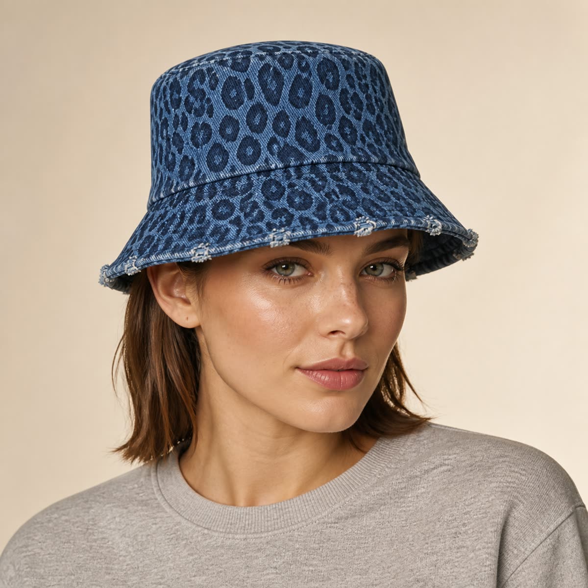Custom Leopard Distressed Bucket Hat with 6 Colorways on model