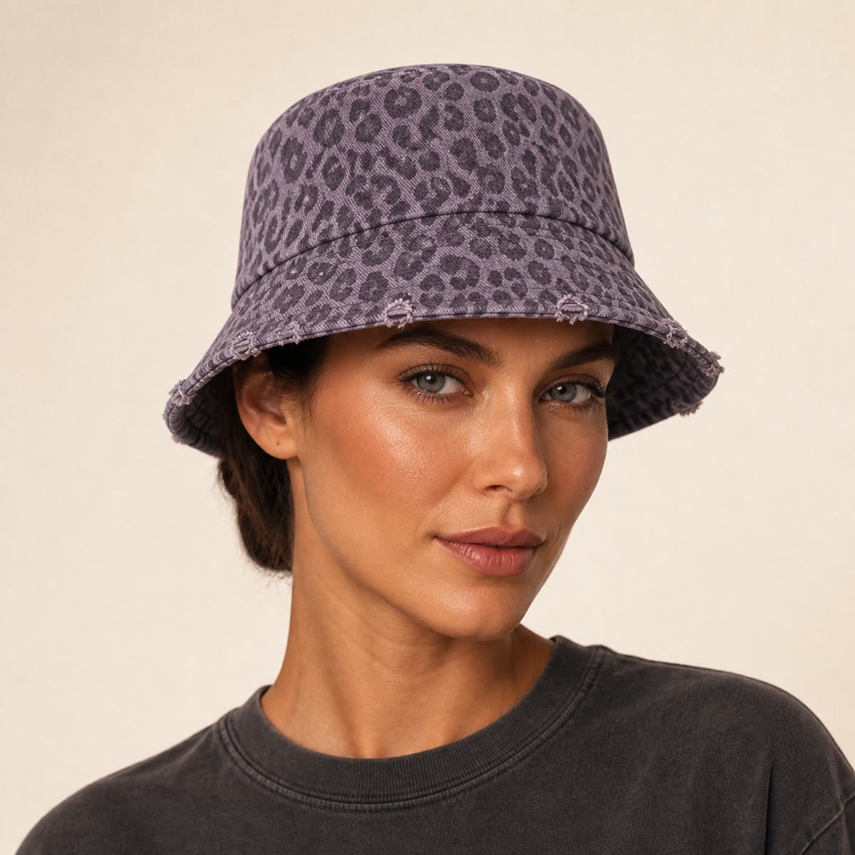 Custom Leopard Distressed Bucket Hat with 6 Colorways on model