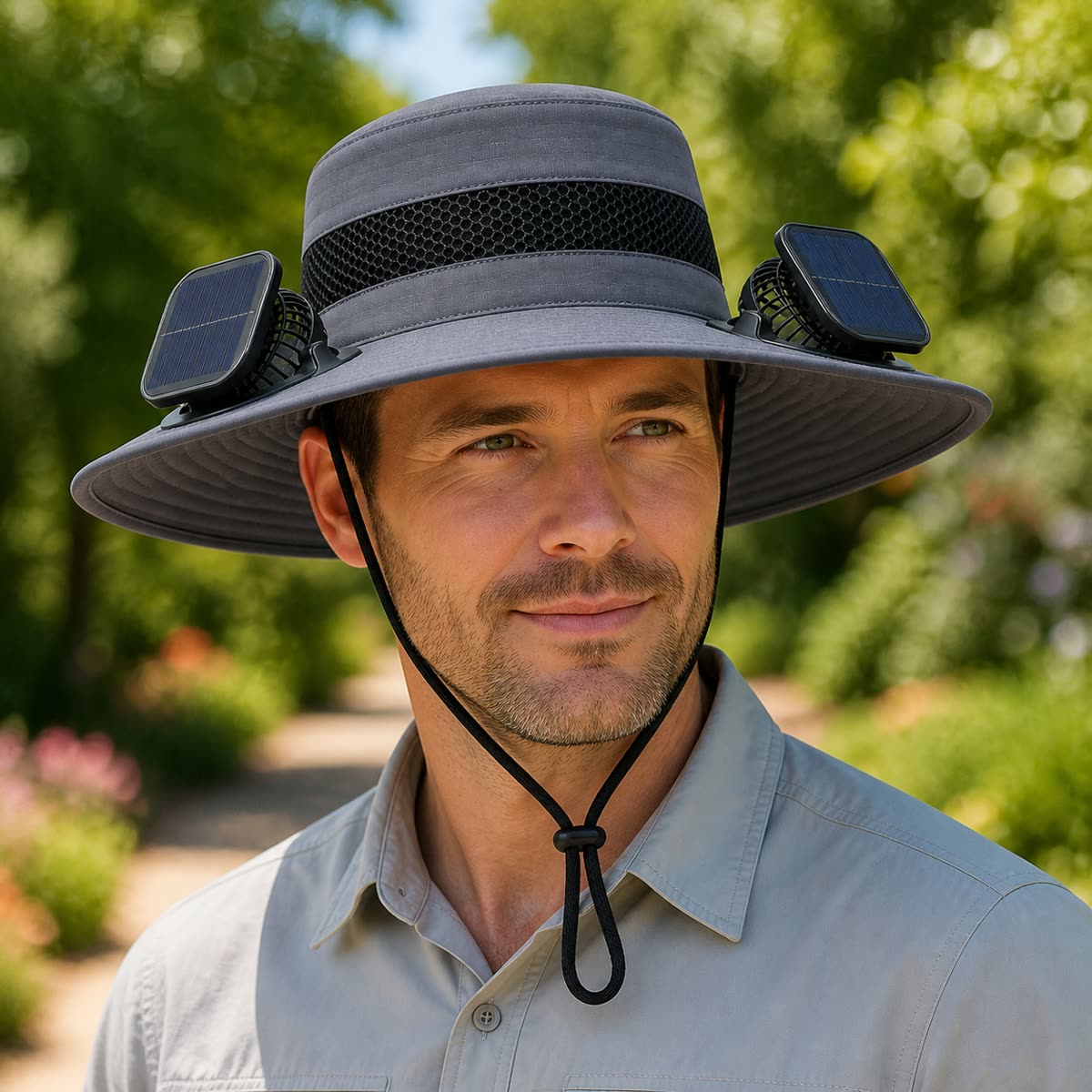 Custom Solar Fan Bucket Hat on model