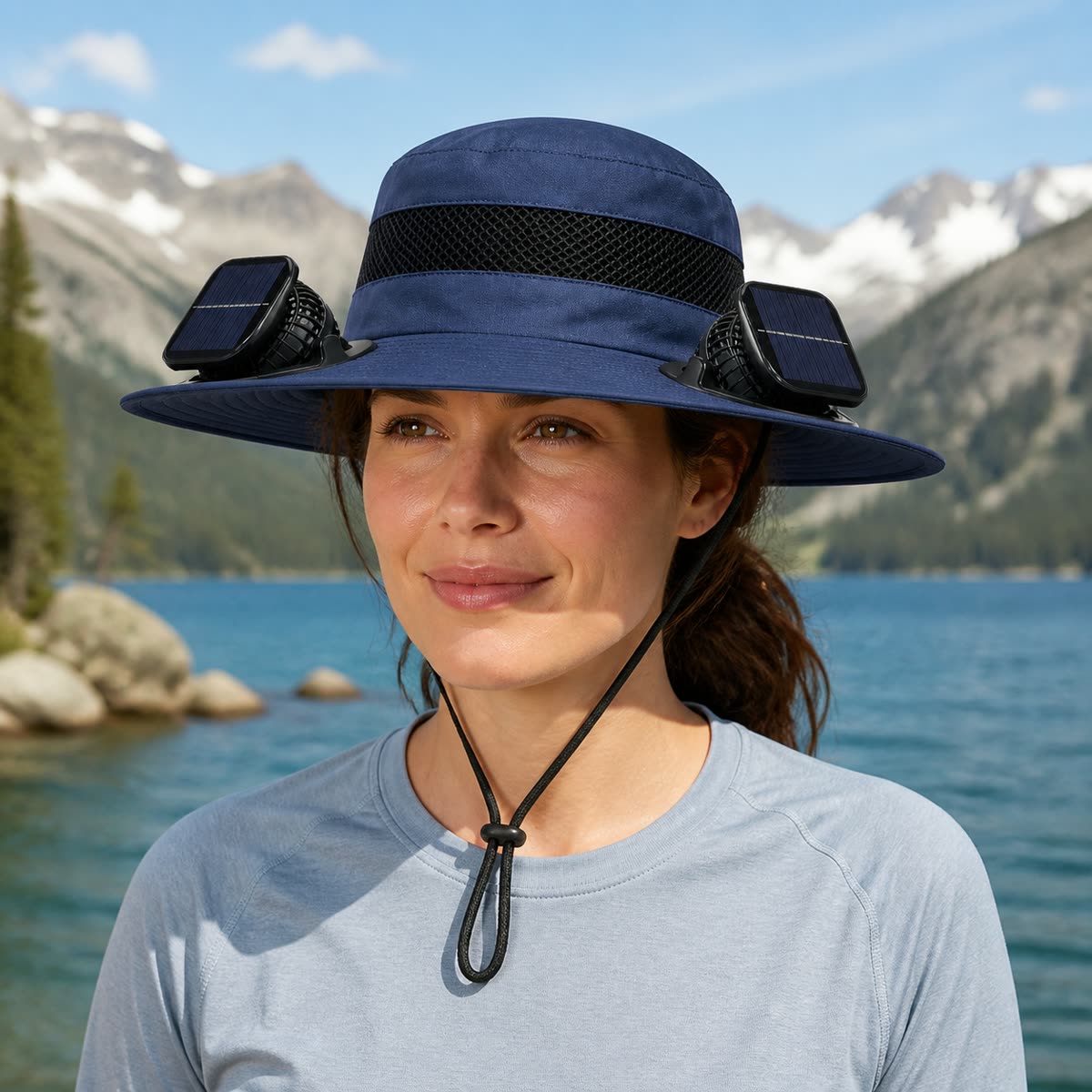 Custom Solar Fan Bucket Hat on model