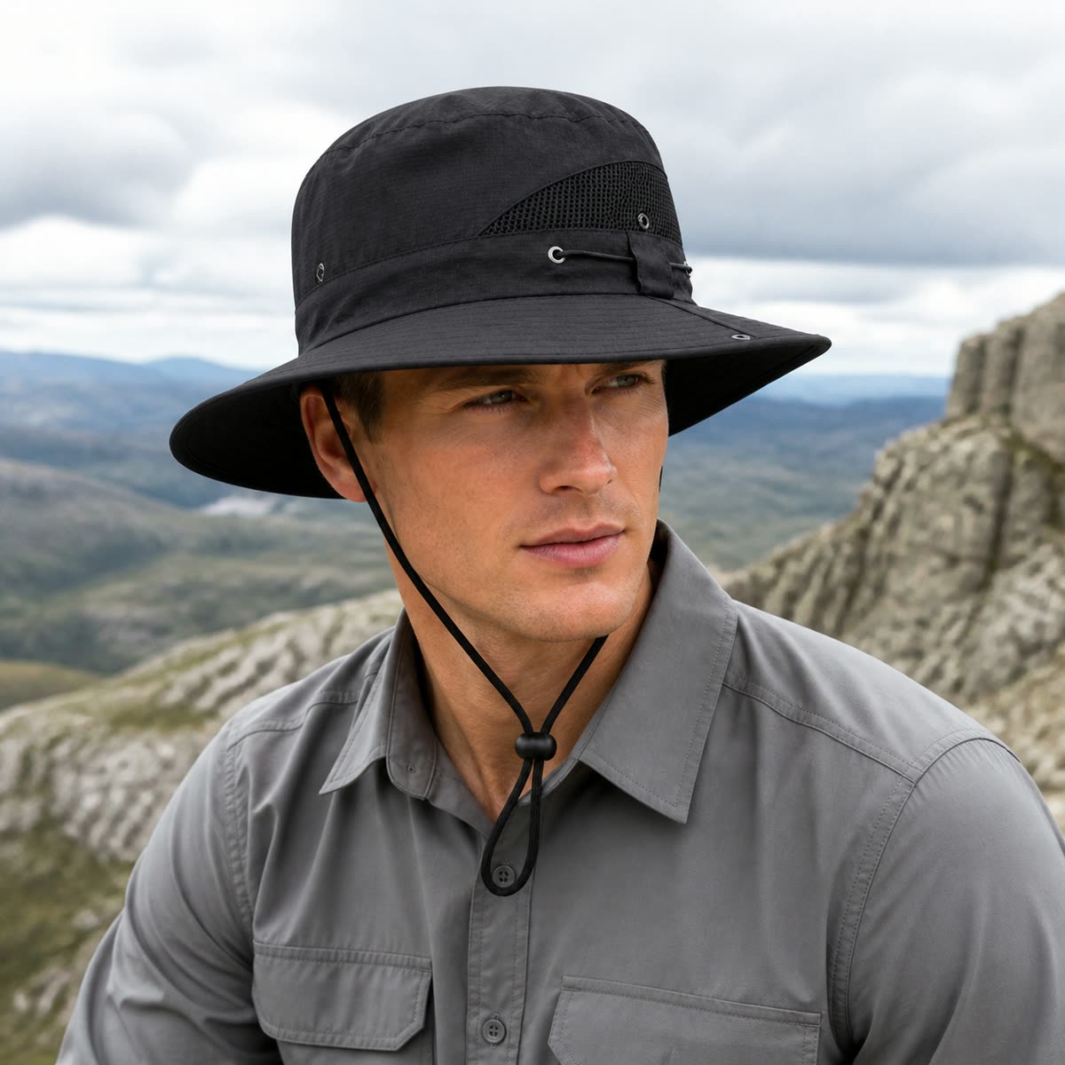 Custom Wide Brim Sun Hat in Desert Sand on model