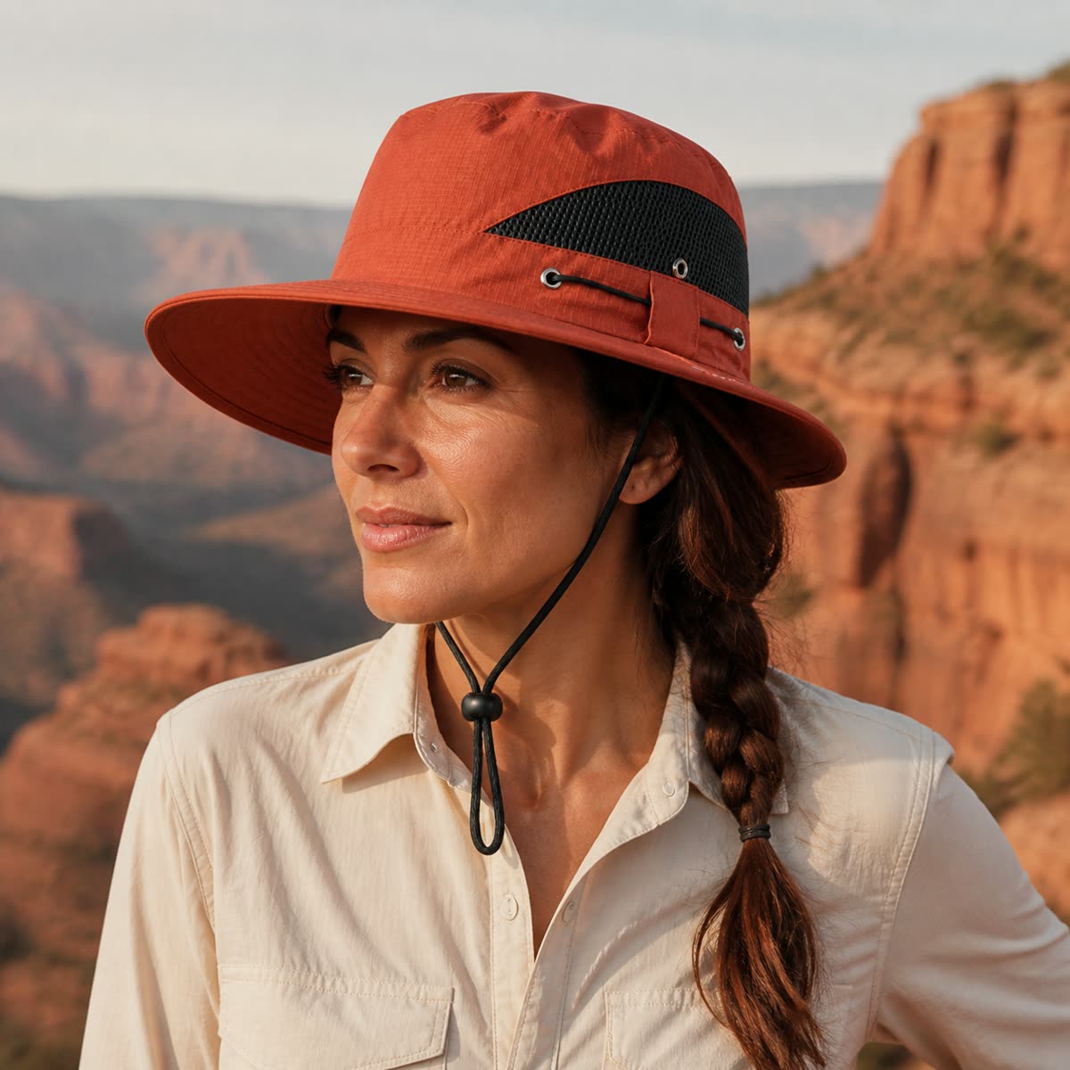 Custom Wide Brim Sun Hat in Desert Sand on model