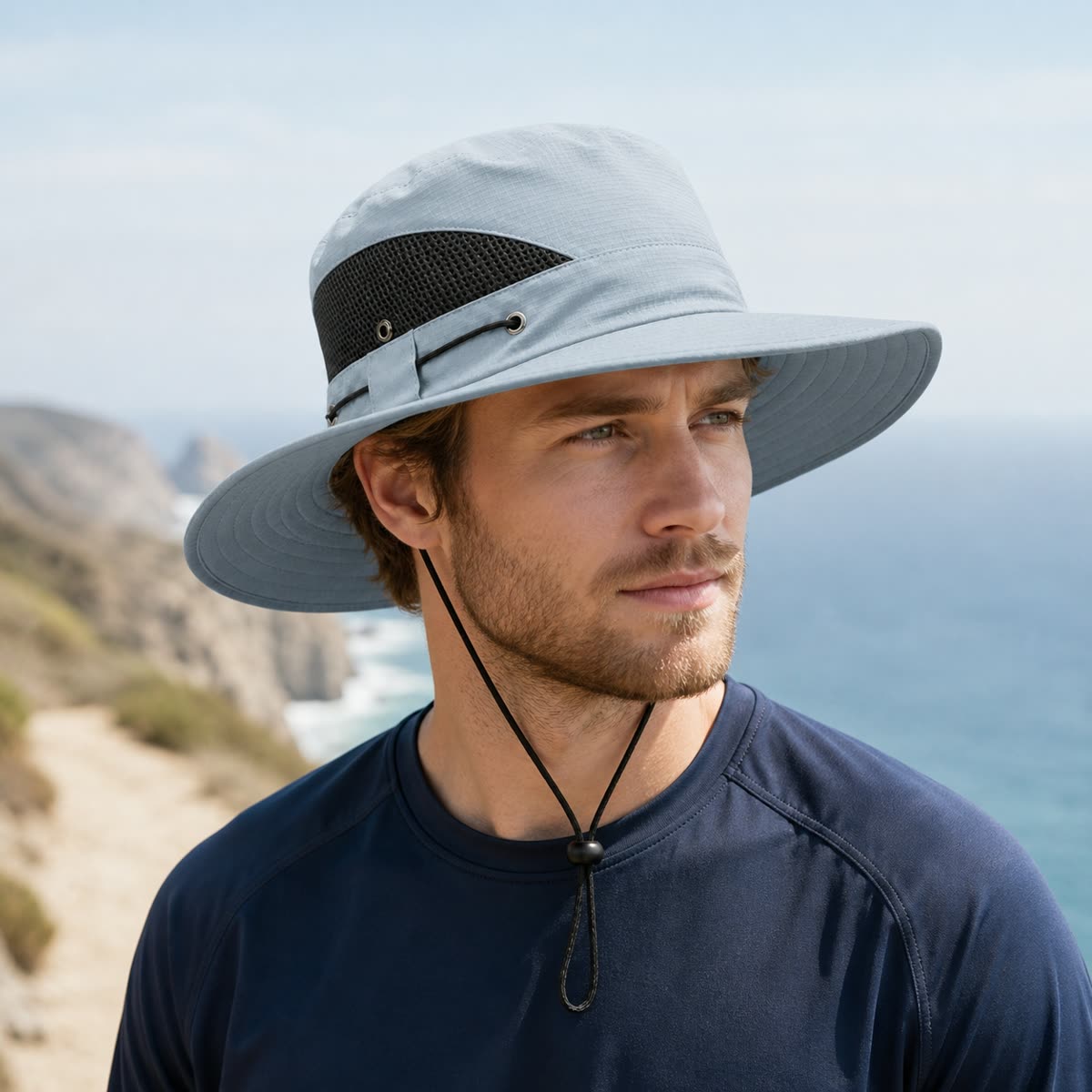 Custom Wide Brim Sun Hat in Desert Sand on model