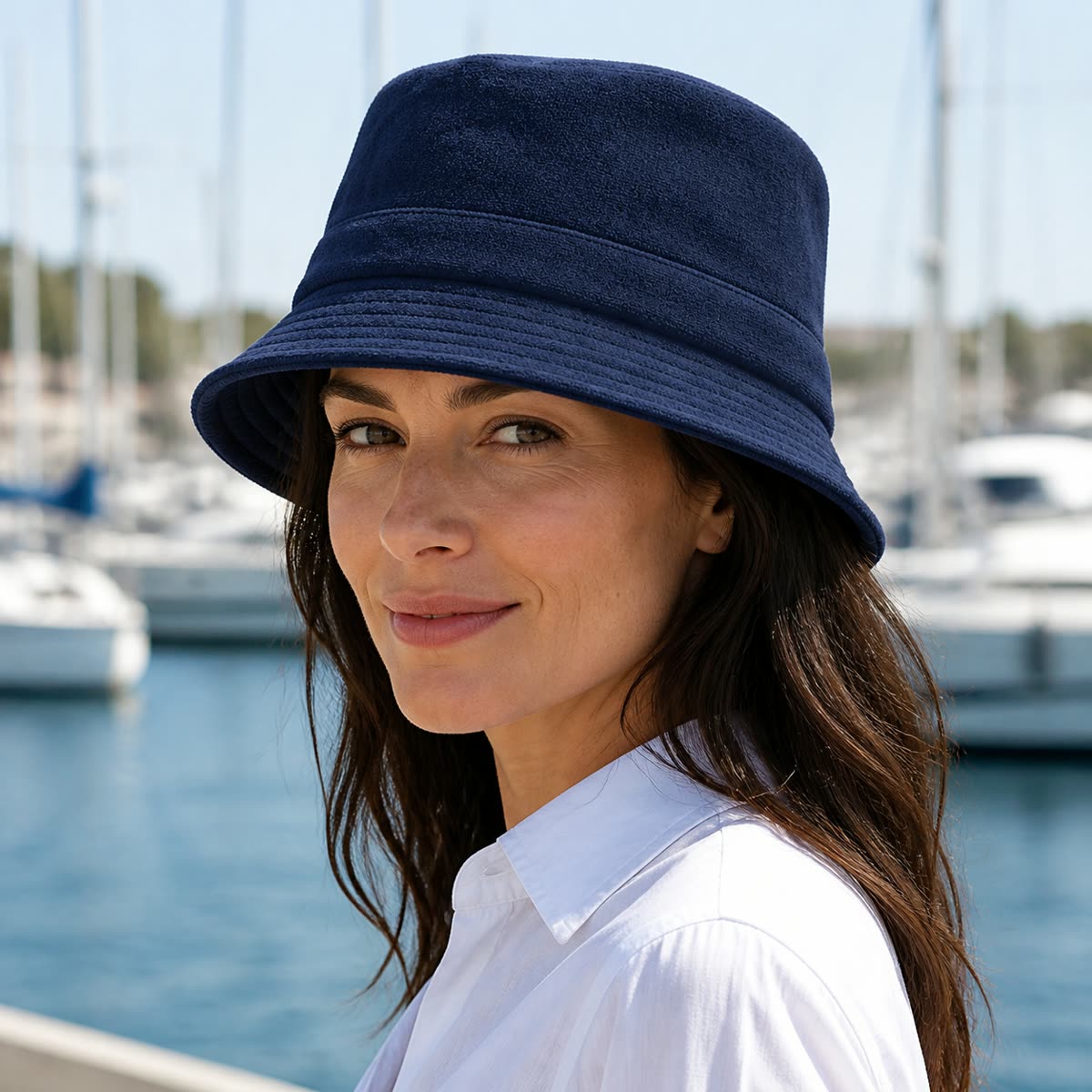 Custom Terry Cloth Bucket Hat with 6 Colorways on model