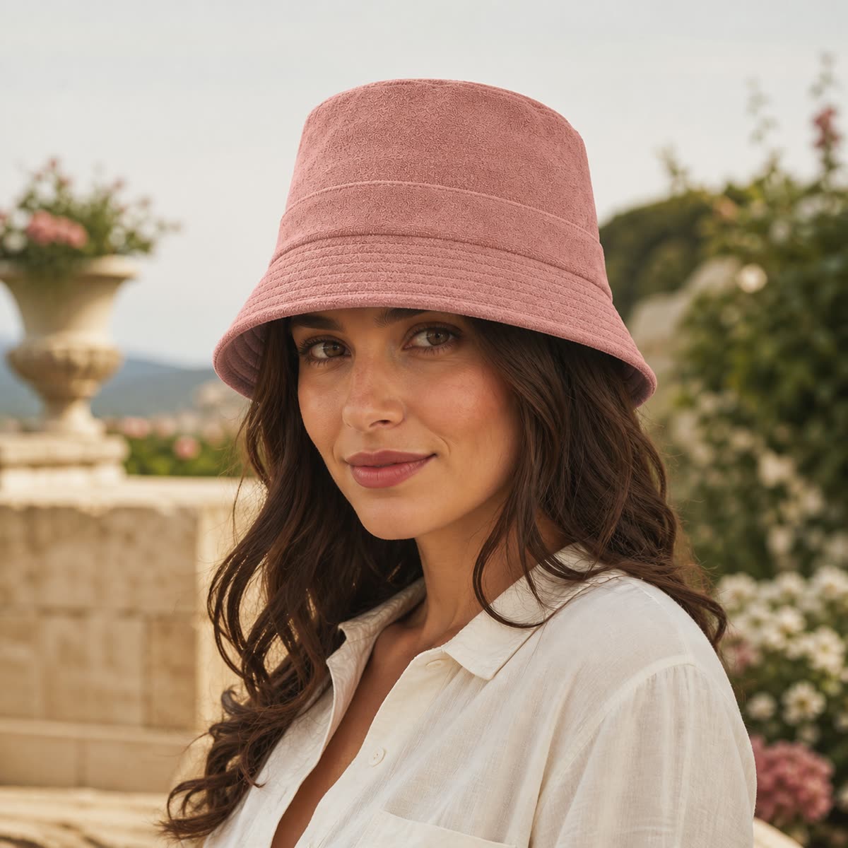 Custom Terry Cloth Bucket Hat with 6 Colorways on model