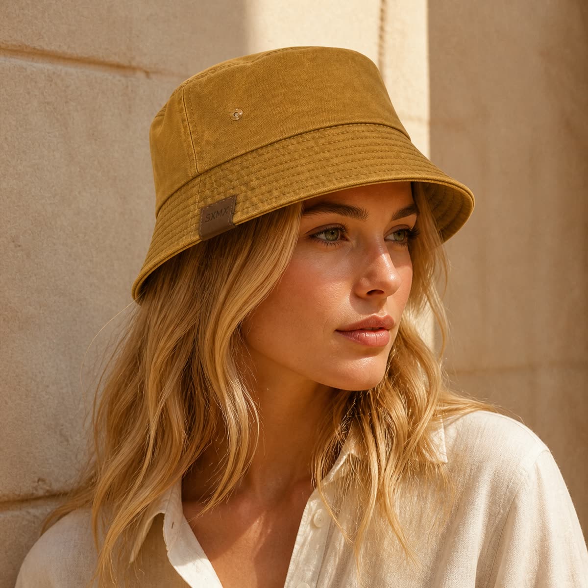 Custom Vintage Washed Canvas Bucket Hat in Tobacco Khaki on model