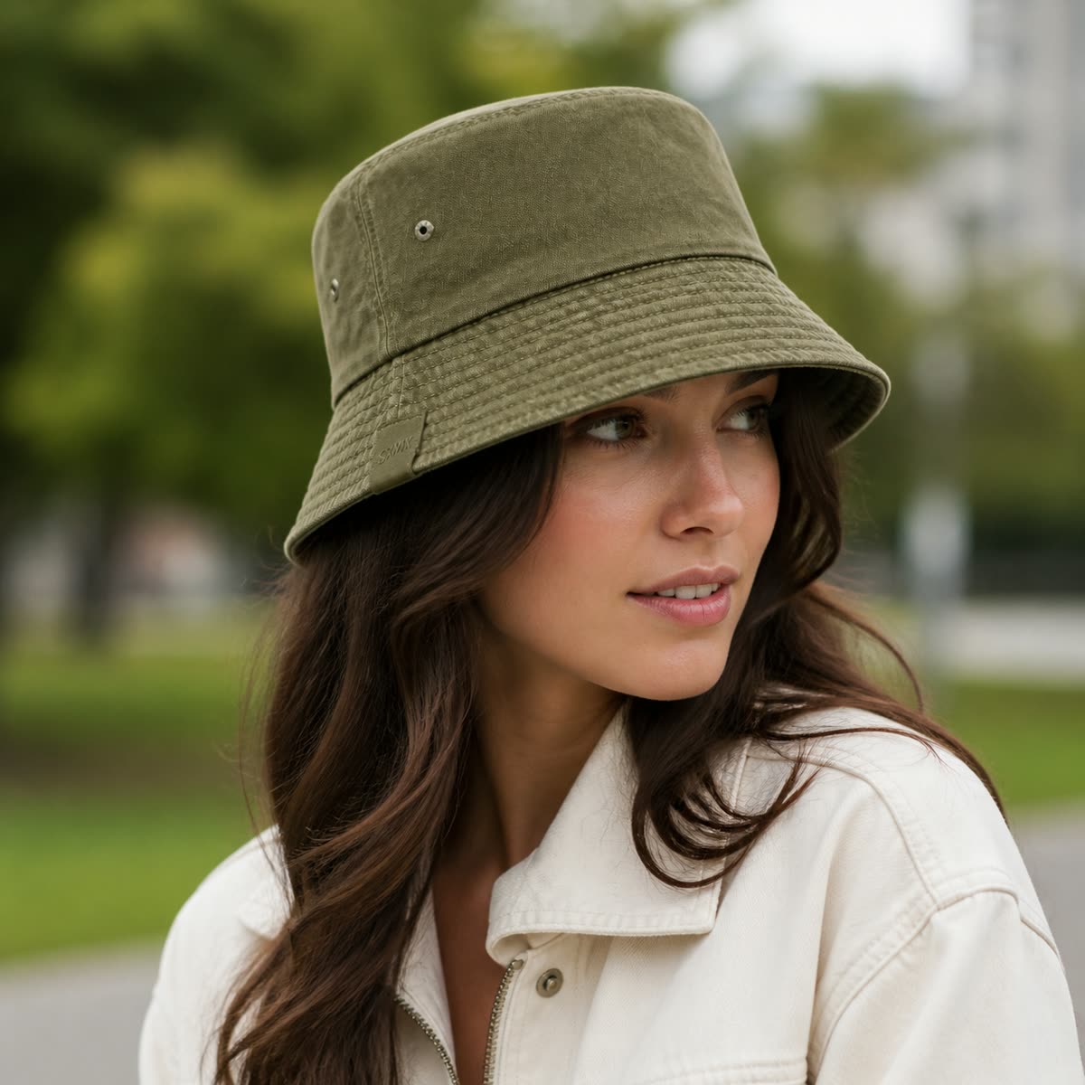 Custom Vintage Washed Canvas Bucket Hat in Tobacco Khaki on model