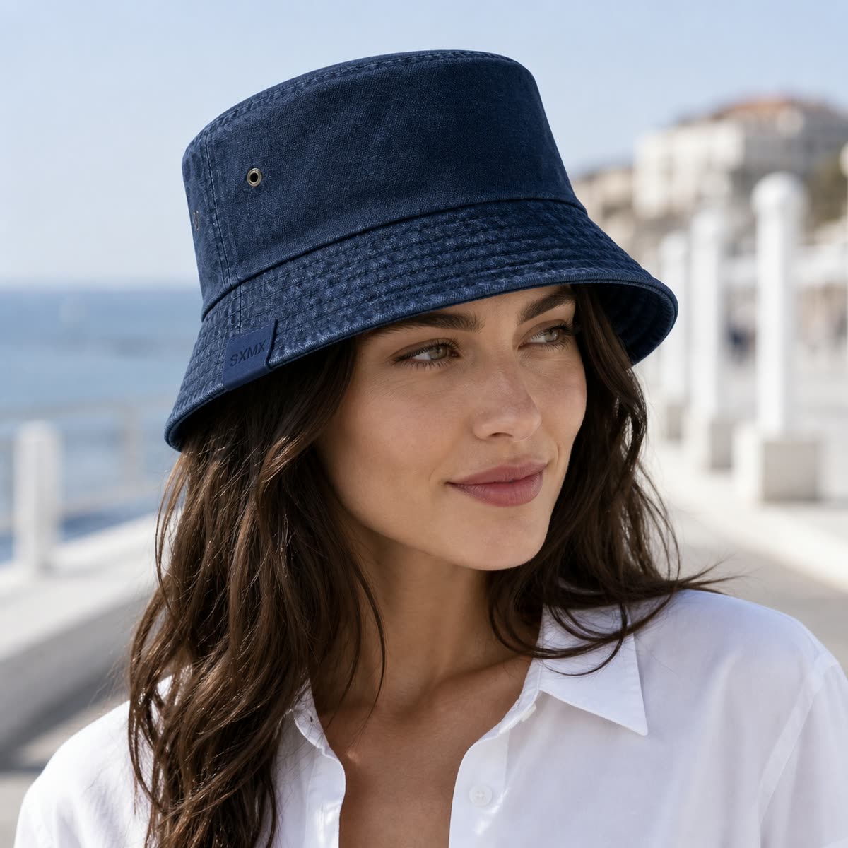 Custom Vintage Washed Canvas Bucket Hat in Tobacco Khaki on model