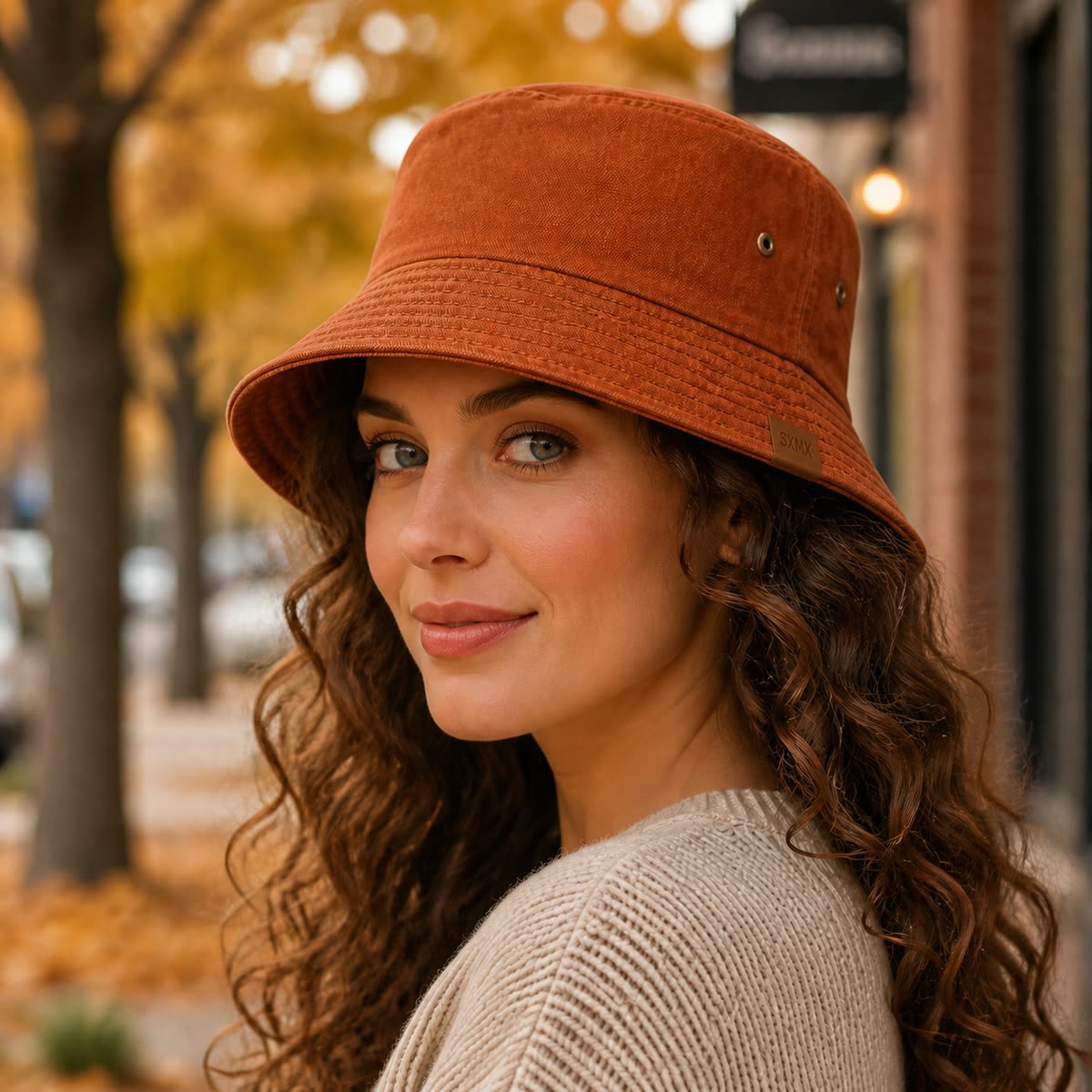 Custom Vintage Washed Canvas Bucket Hat in Tobacco Khaki on model