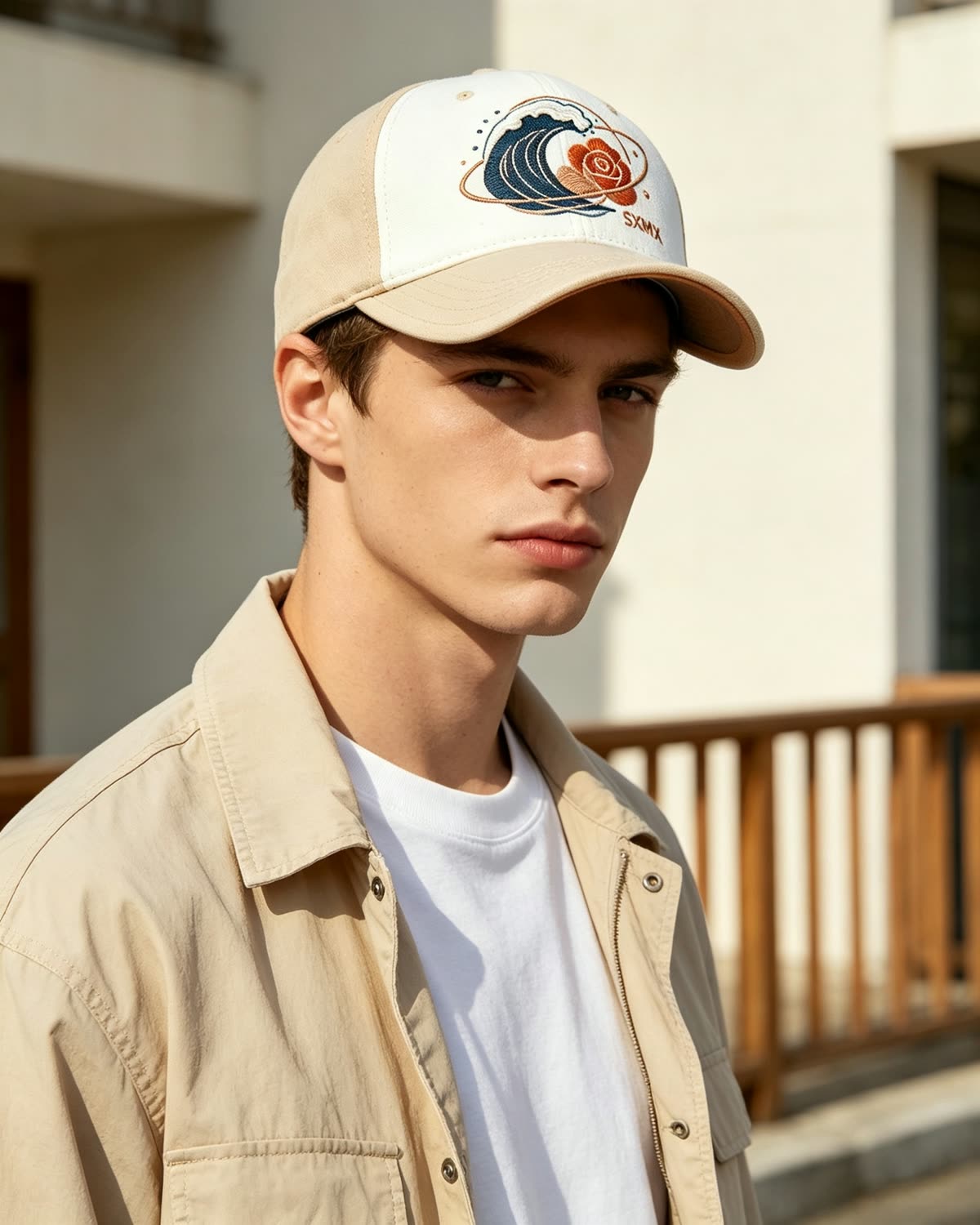 Custom Two-Tone Camp Cap with Embroidered Logo on model