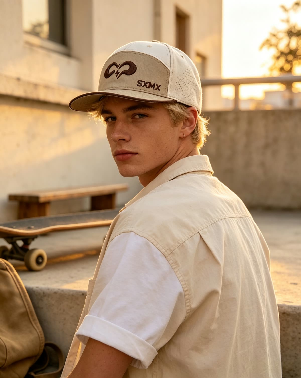 Custom Two-Tone Camp Cap with Embroidered Logo on model