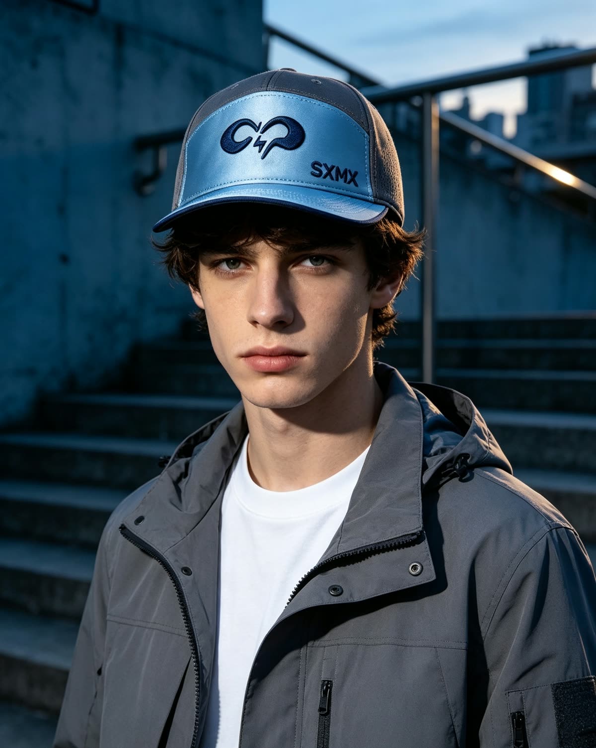 Custom Two-Tone Camp Cap with Embroidered Logo on model