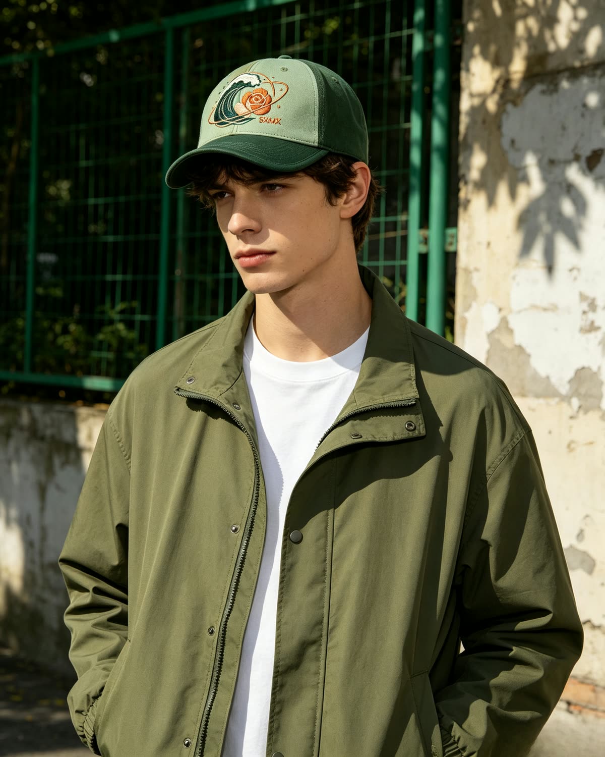 Custom Two-Tone Camp Cap with Embroidered Logo on model