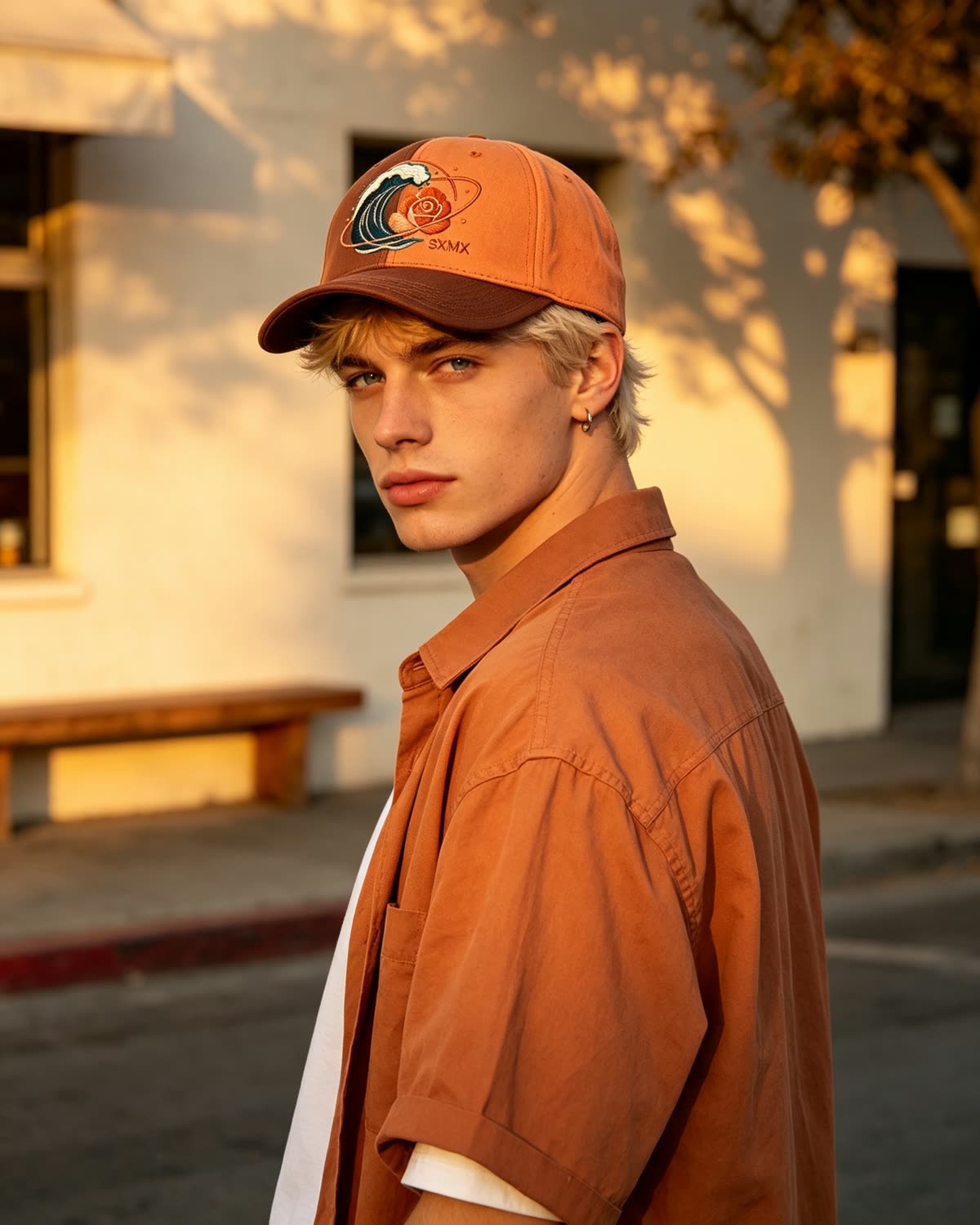 Custom Two-Tone Camp Cap with Embroidered Logo on model
