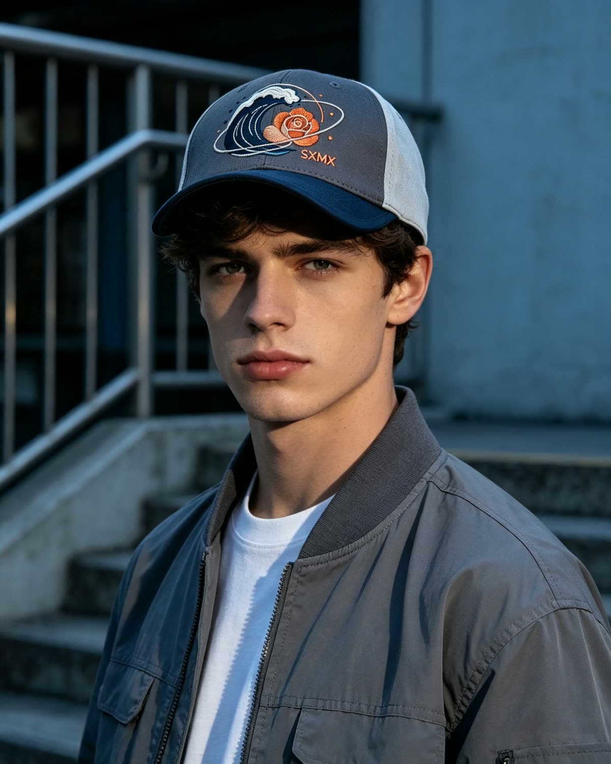 Custom Two-Tone Camp Cap with Embroidered Logo on model