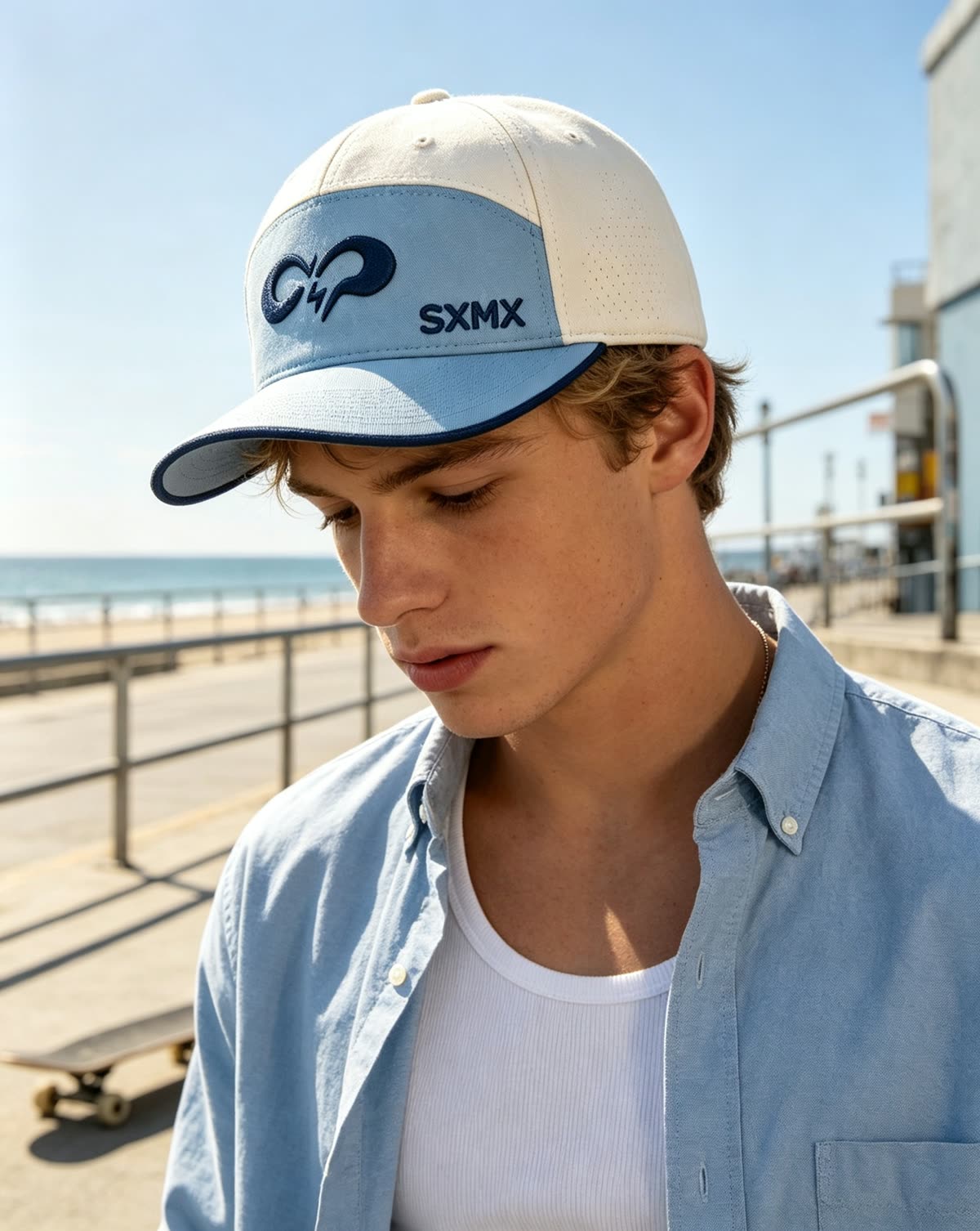Custom Two-Tone Camp Cap with Embroidered Logo on model