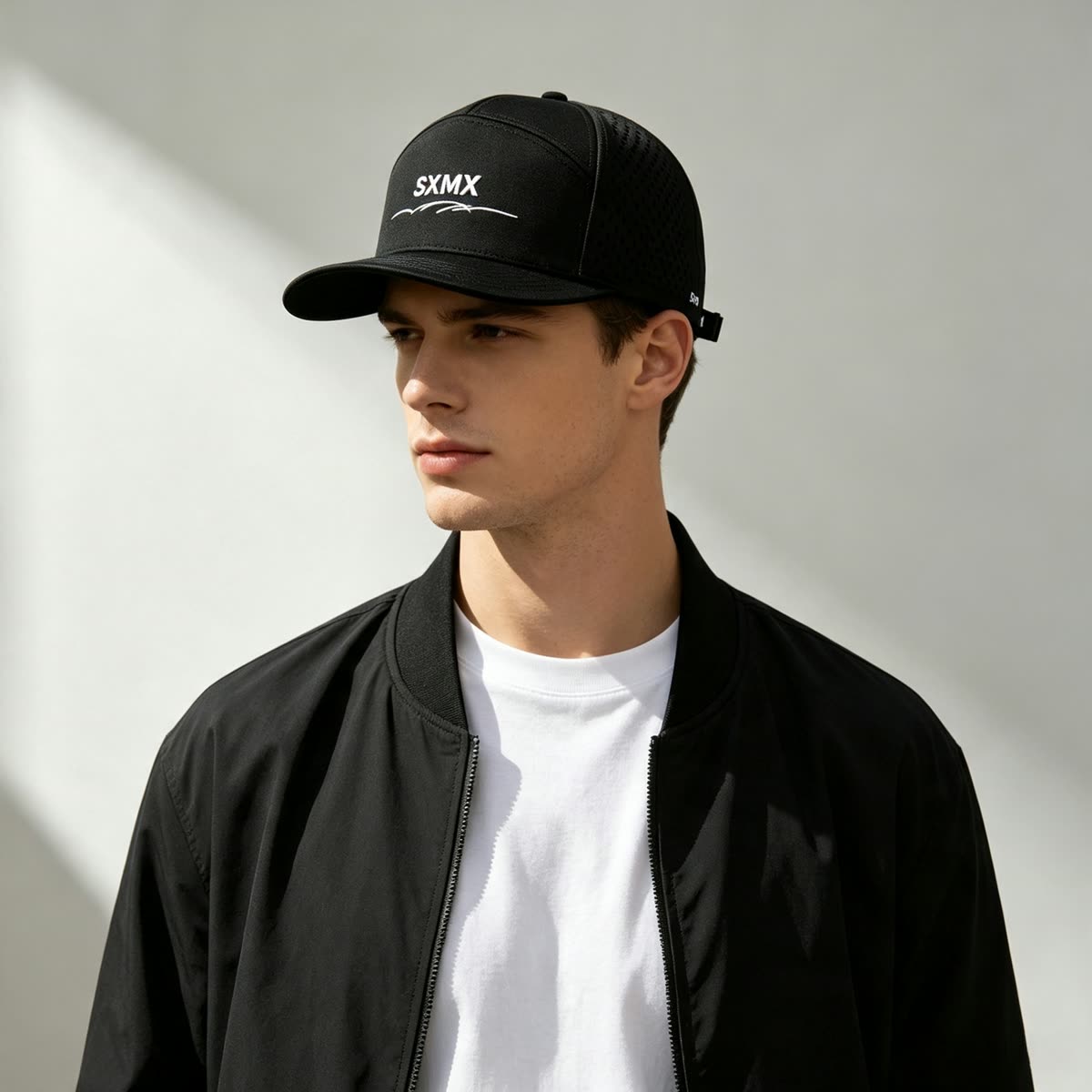 Custom Black Perforated Camp Cap with Flat Brim on model