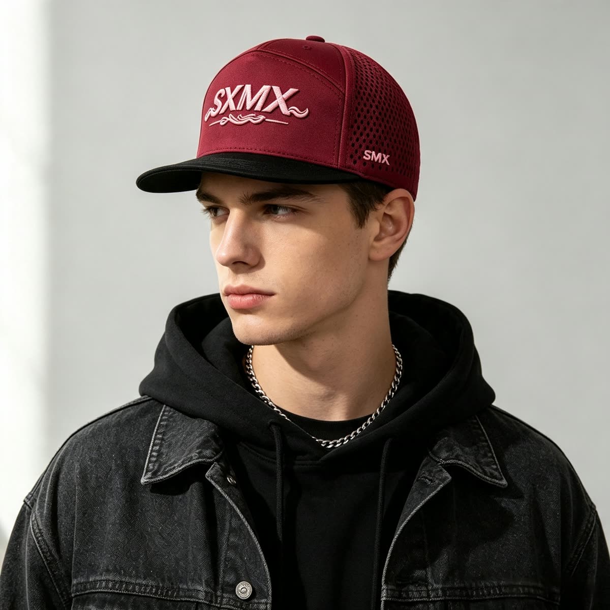Custom Black Perforated Camp Cap with Flat Brim on model
