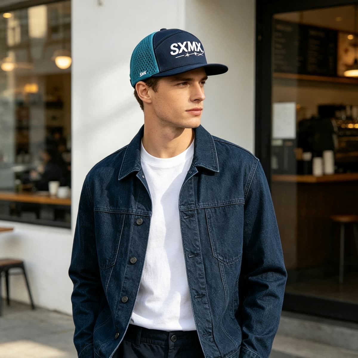 Custom Black Perforated Camp Cap with Flat Brim on model