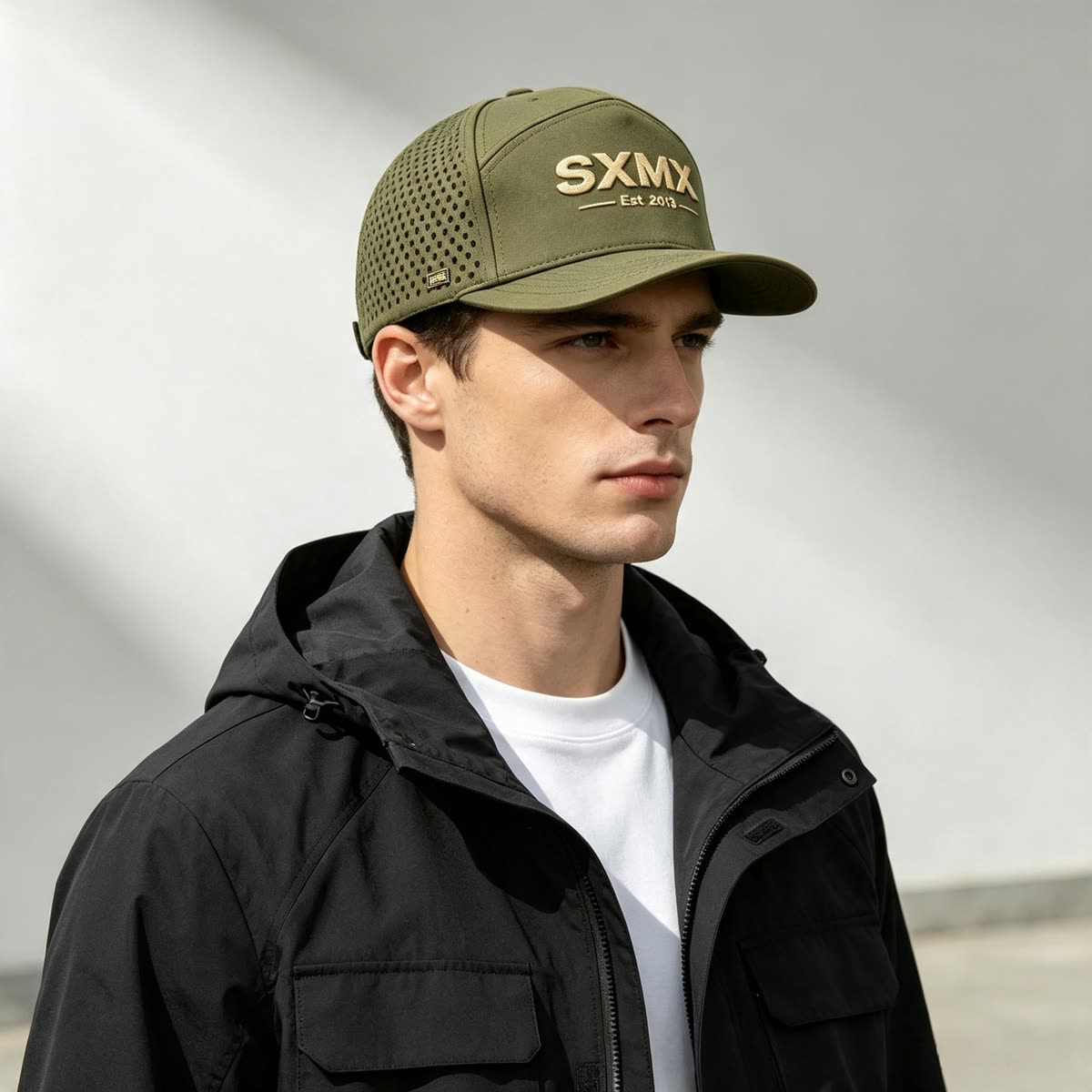 Custom Black Perforated Camp Cap with Flat Brim on model