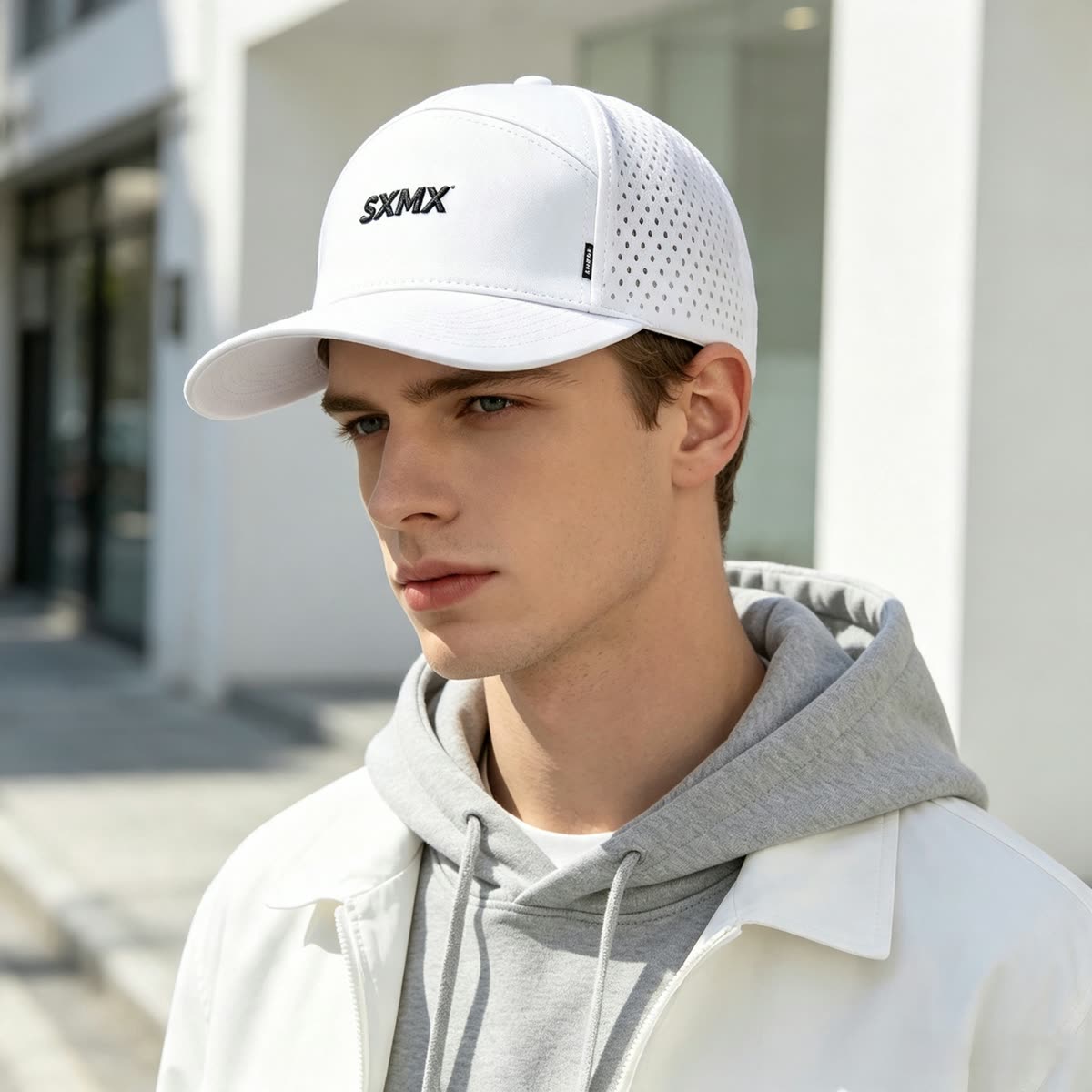 Custom Black Perforated Camp Cap with Flat Brim on model