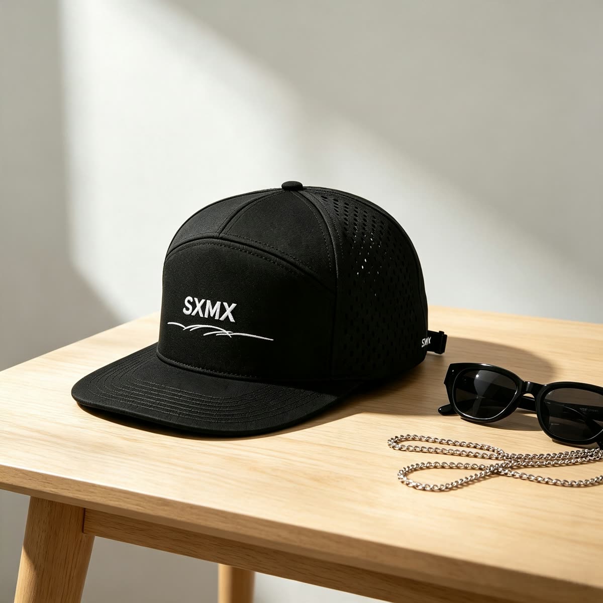 Custom Black Perforated Camp Cap with Flat Brim scene