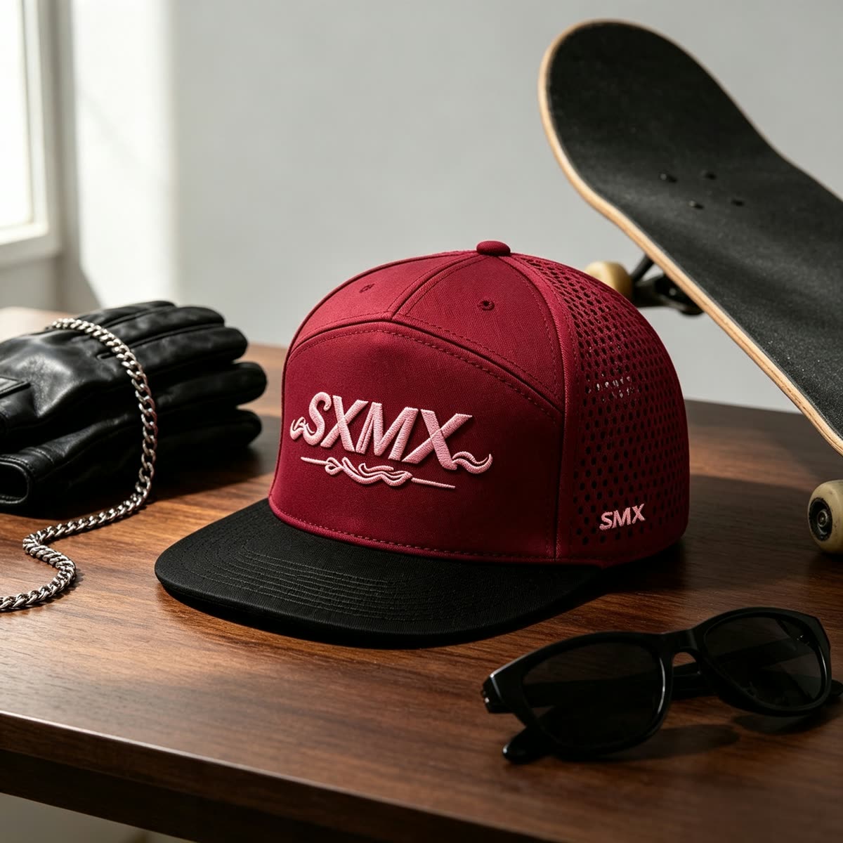 Custom Black Perforated Camp Cap with Flat Brim scene