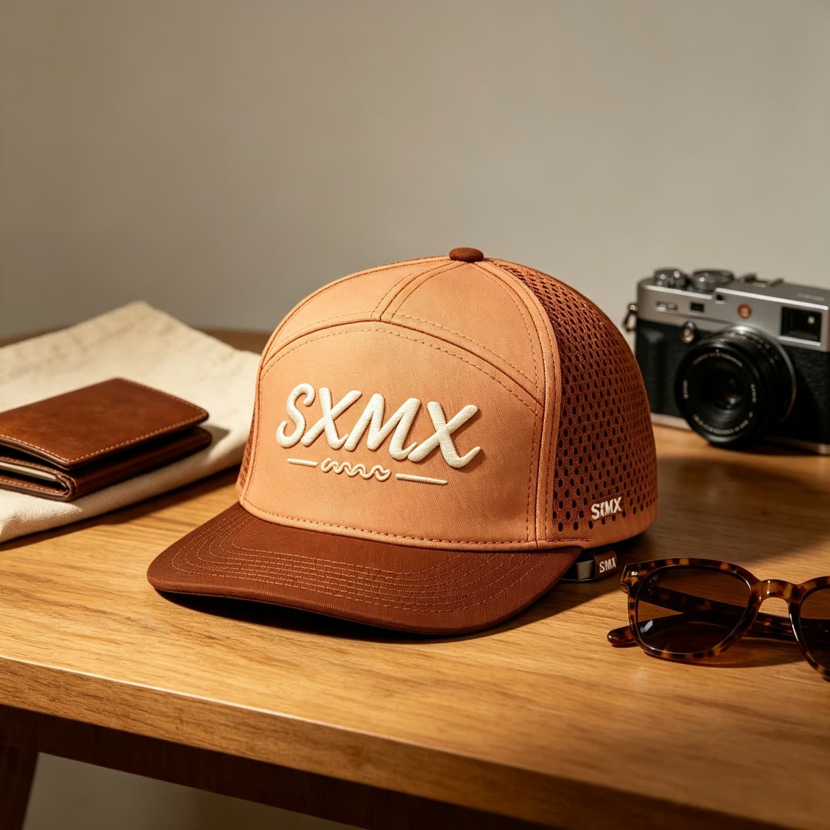 Custom Black Perforated Camp Cap with Flat Brim scene