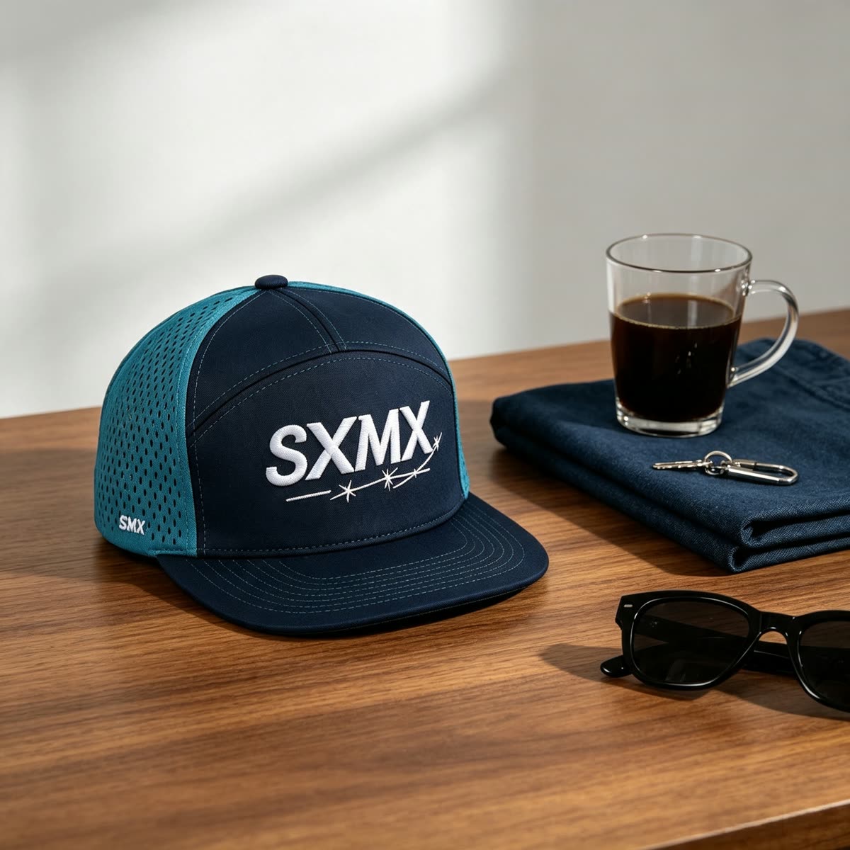 Custom Black Perforated Camp Cap with Flat Brim scene