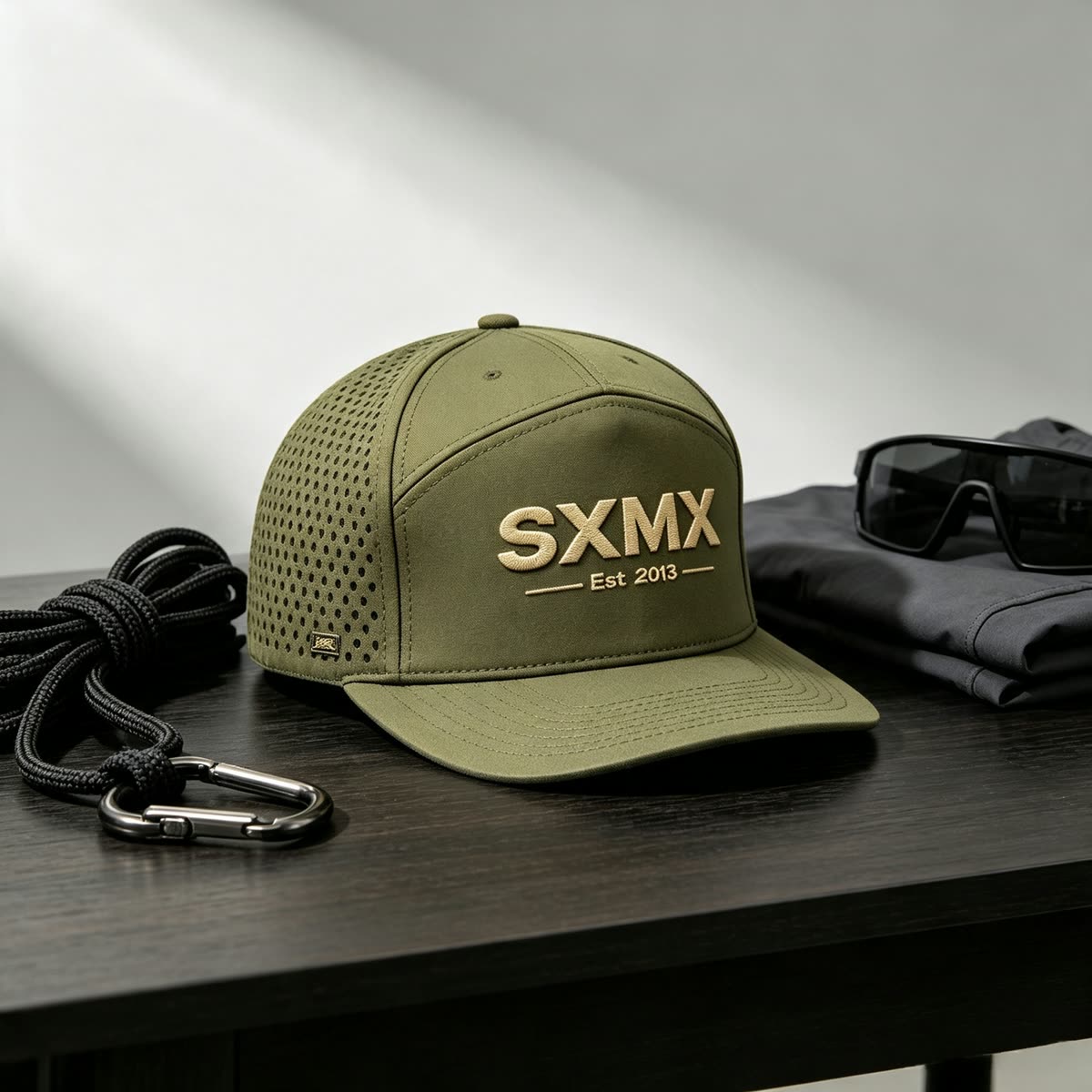 Custom Black Perforated Camp Cap with Flat Brim scene