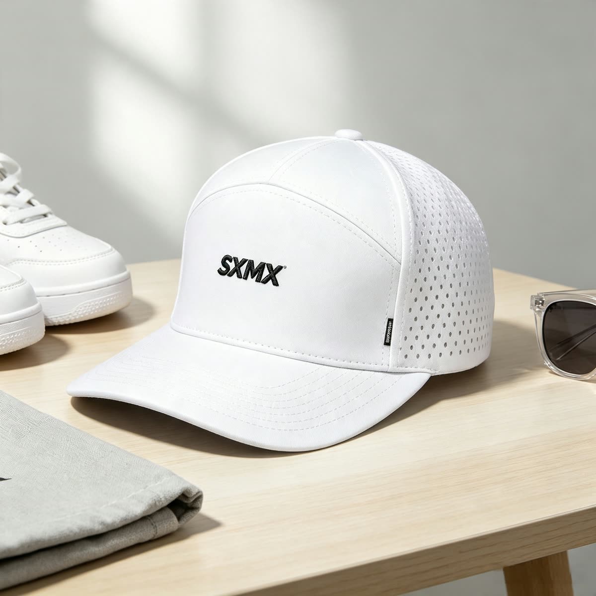 Custom Black Perforated Camp Cap with Flat Brim scene