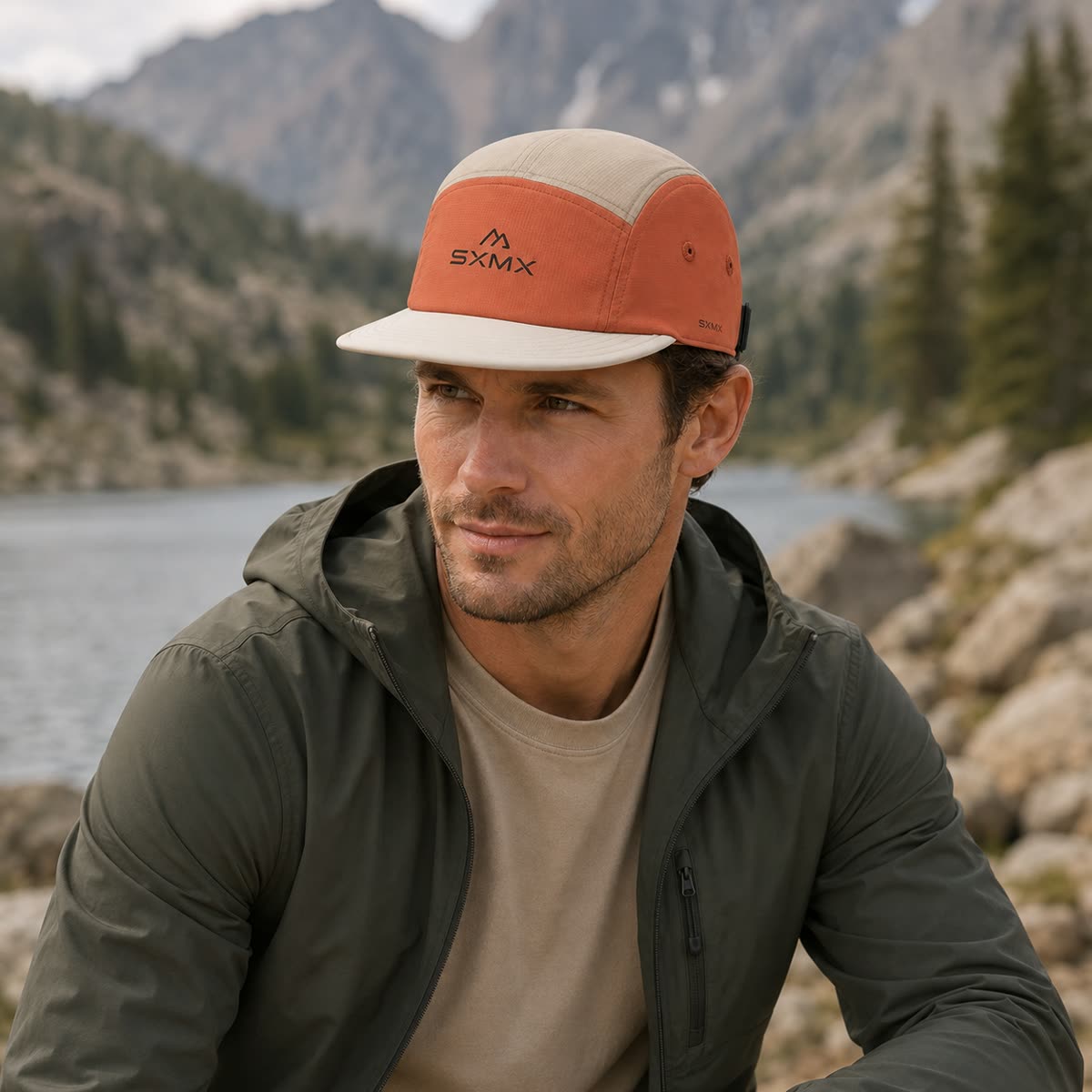 Custom Ripstop Two-Tone Camp Cap with Tonal Embroidery on model