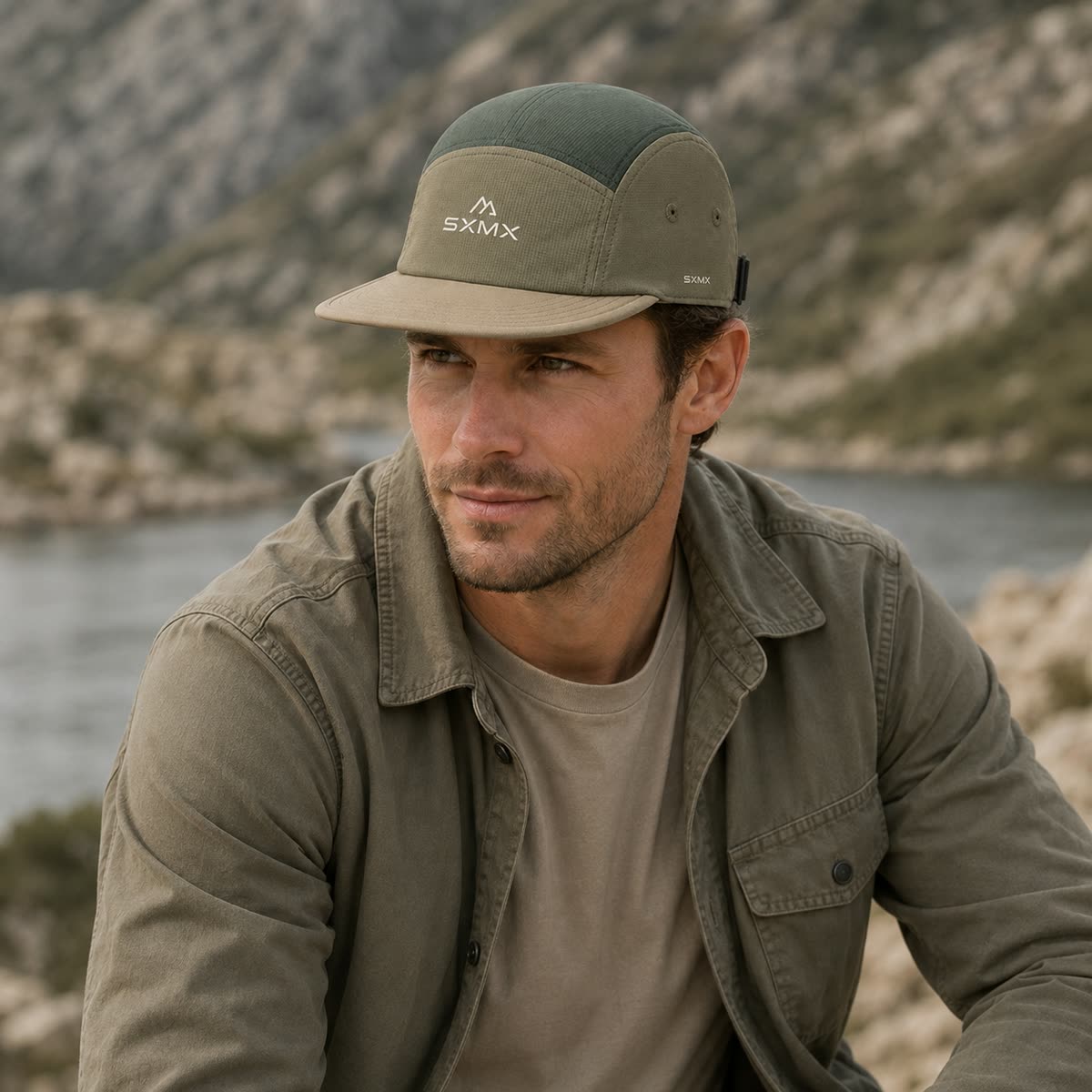 Custom Ripstop Two-Tone Camp Cap with Tonal Embroidery on model