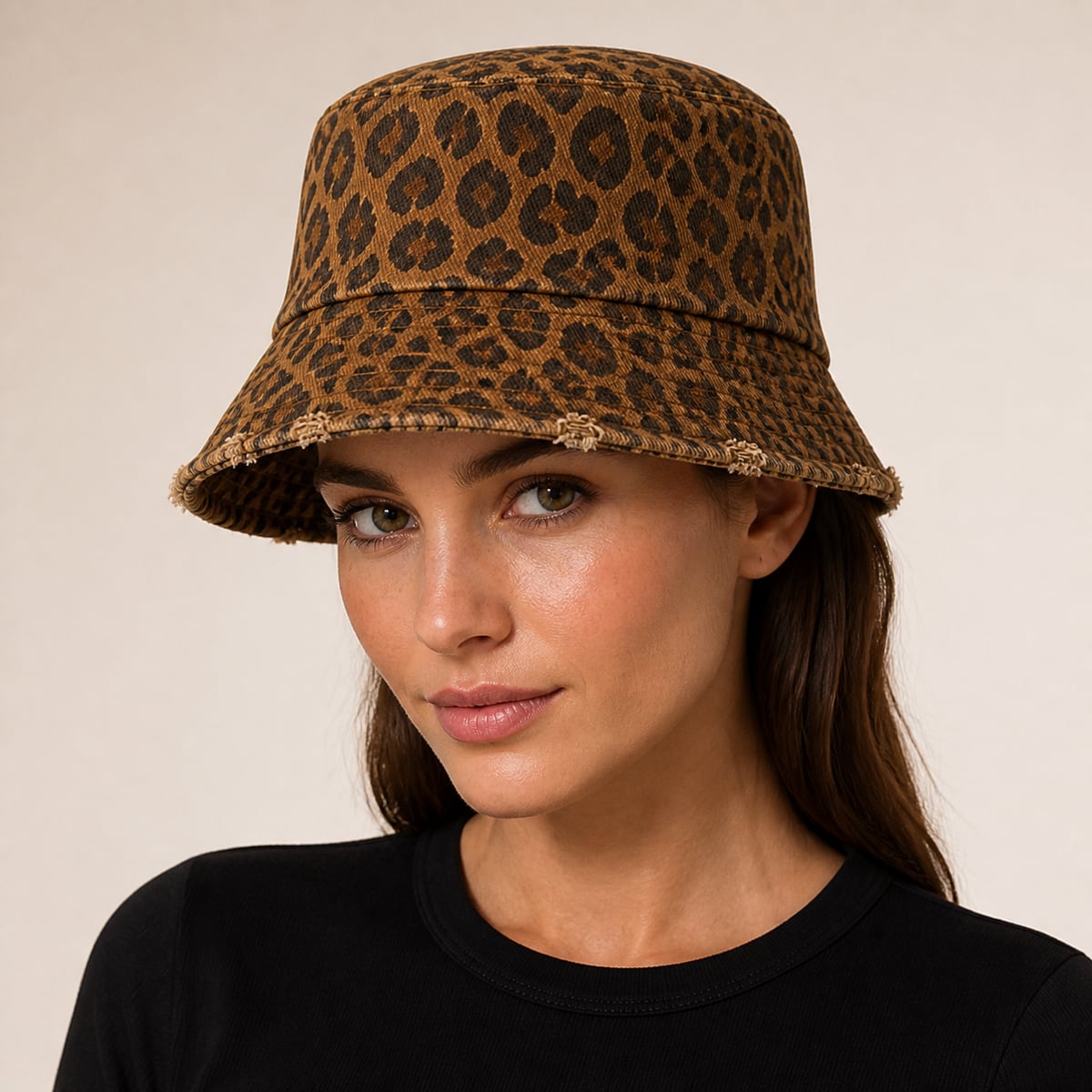 Custom Leopard Distressed Bucket Hat – Style 04 on model