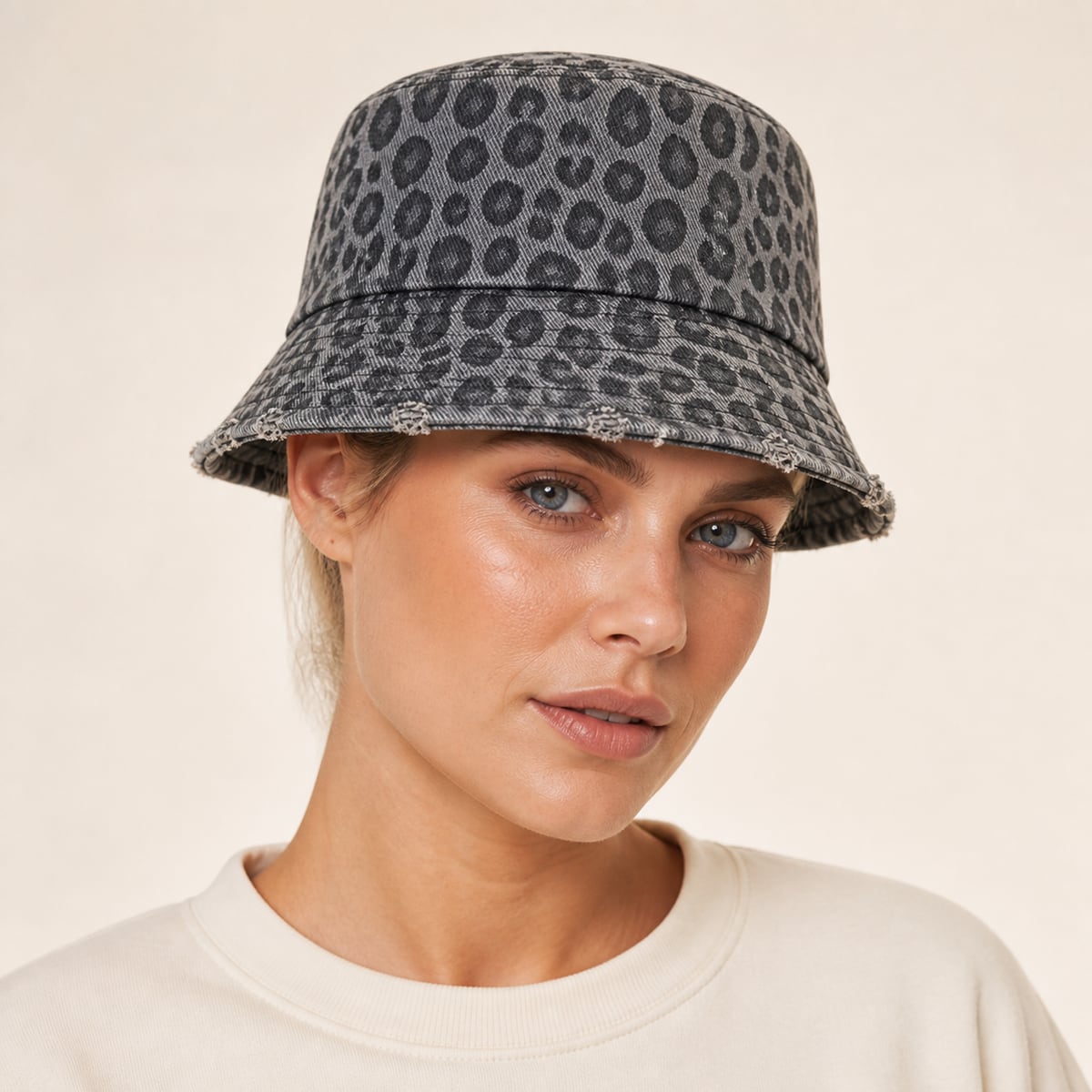 Custom Leopard Distressed Bucket Hat – Style 04 on model