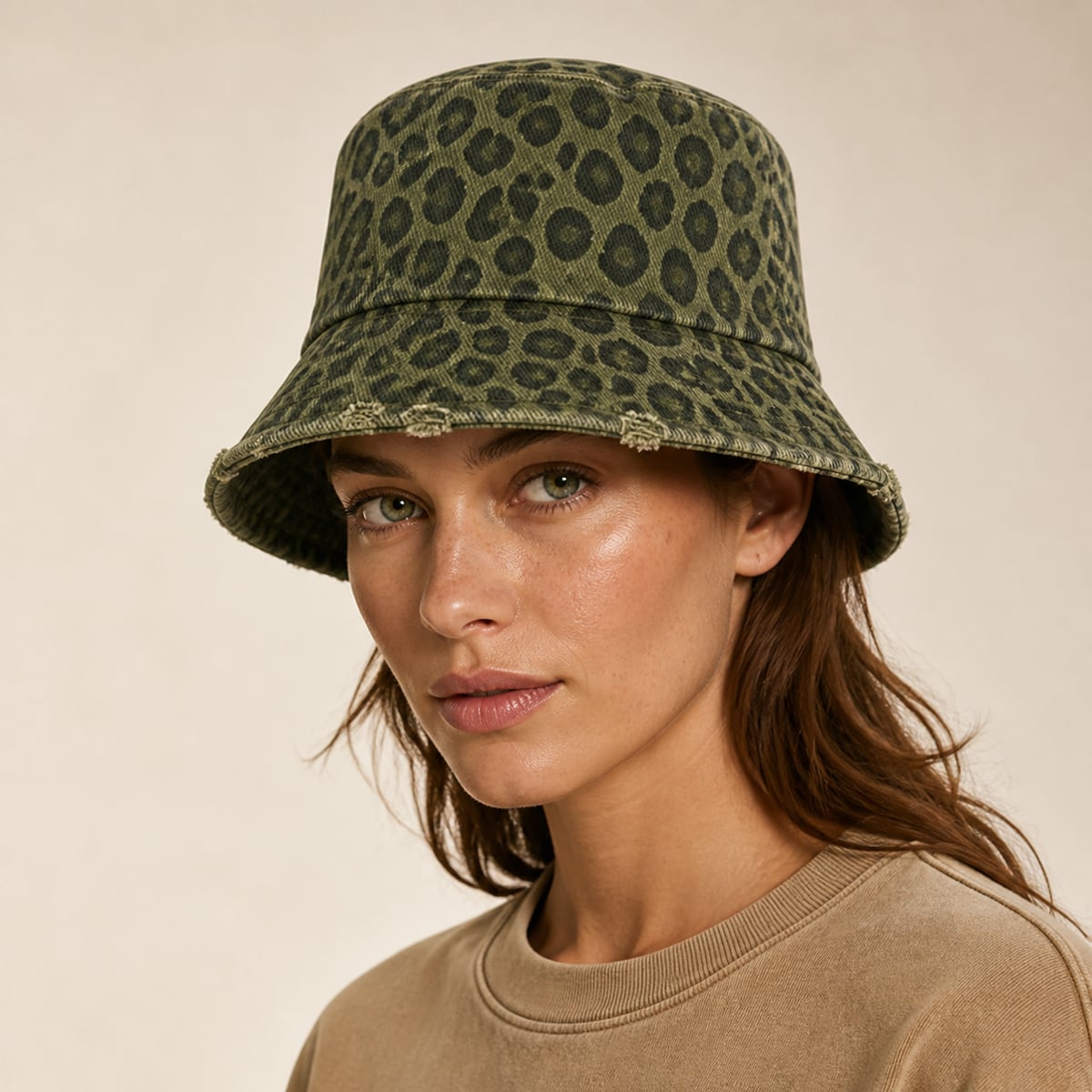 Custom Leopard Distressed Bucket Hat – Style 04 on model