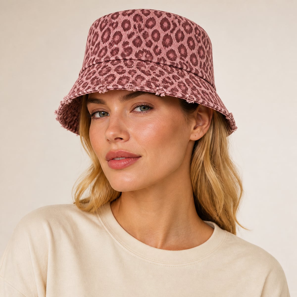 Custom Leopard Distressed Bucket Hat – Style 04 on model