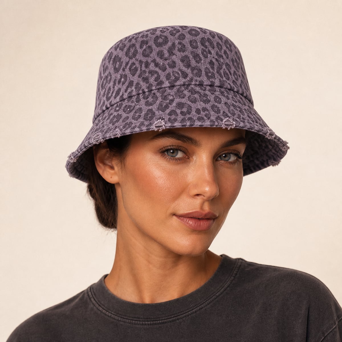 Custom Leopard Distressed Bucket Hat – Style 04 on model