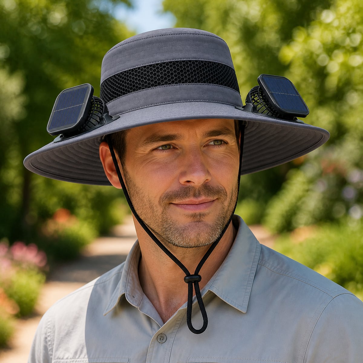 Custom Solar Fan Hat – Style 05 on model