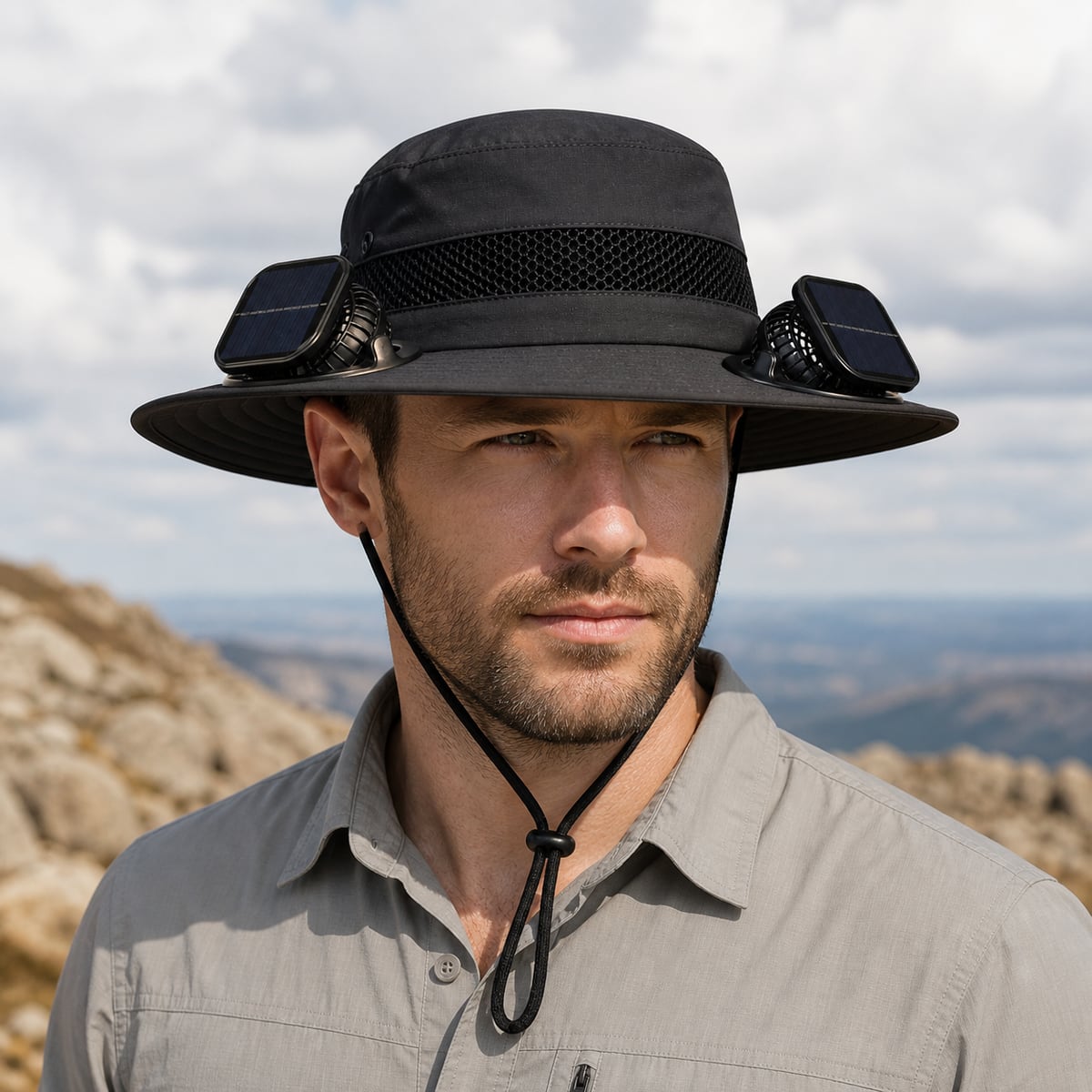 Custom Solar Fan Hat – Style 05 on model