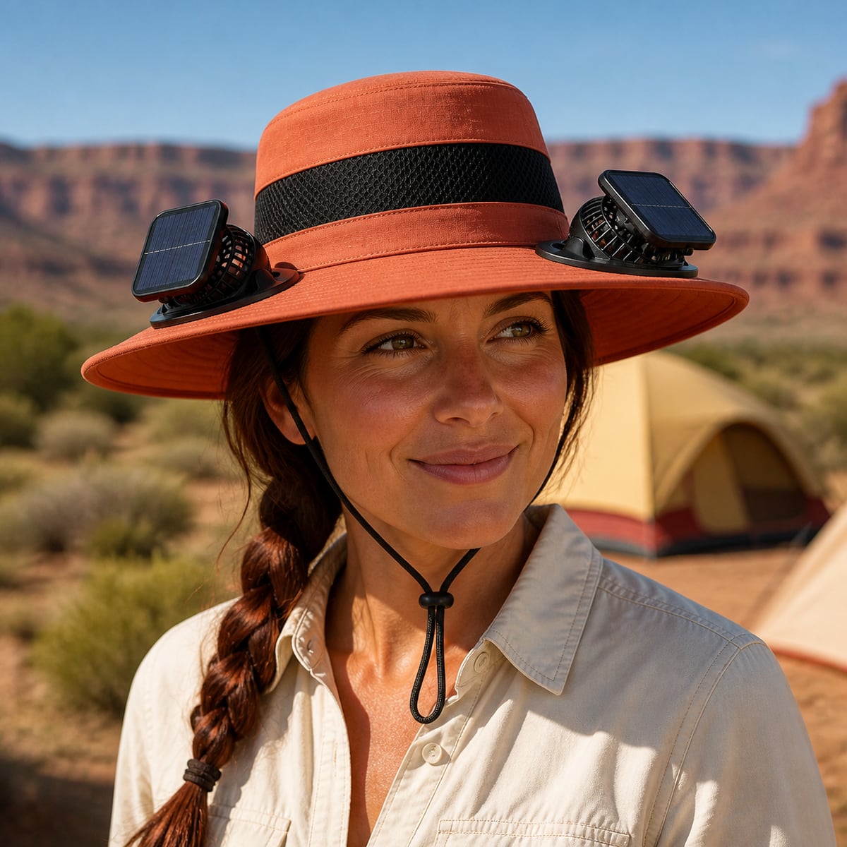 Custom Solar Fan Hat – Style 05 on model