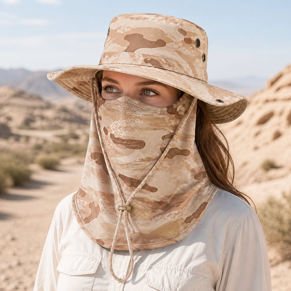 Custom Full Face Sun Hat 6 Camo Patterns – Style 14 on model