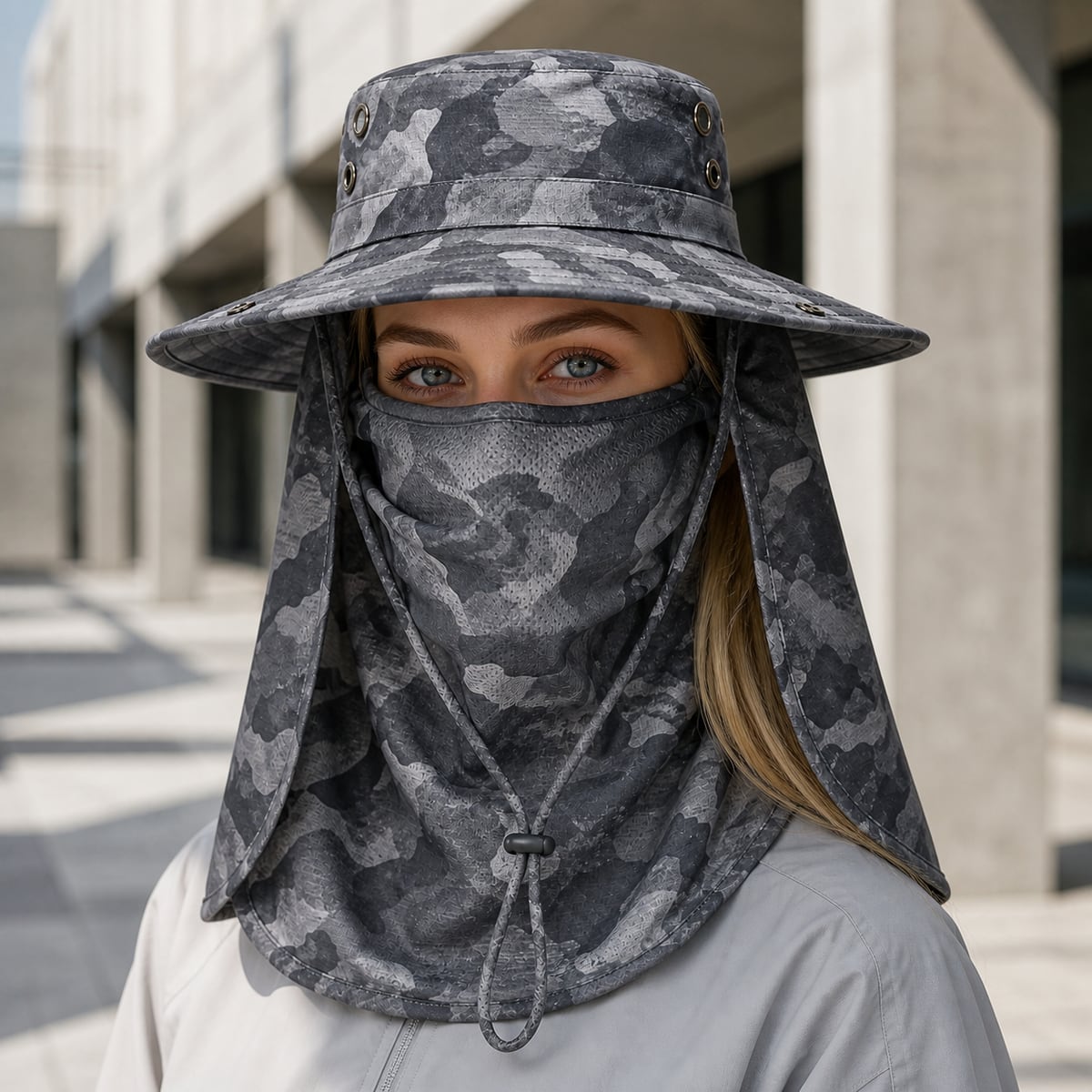 Custom Full Face Sun Hat 6 Camo Patterns – Style 14 on model